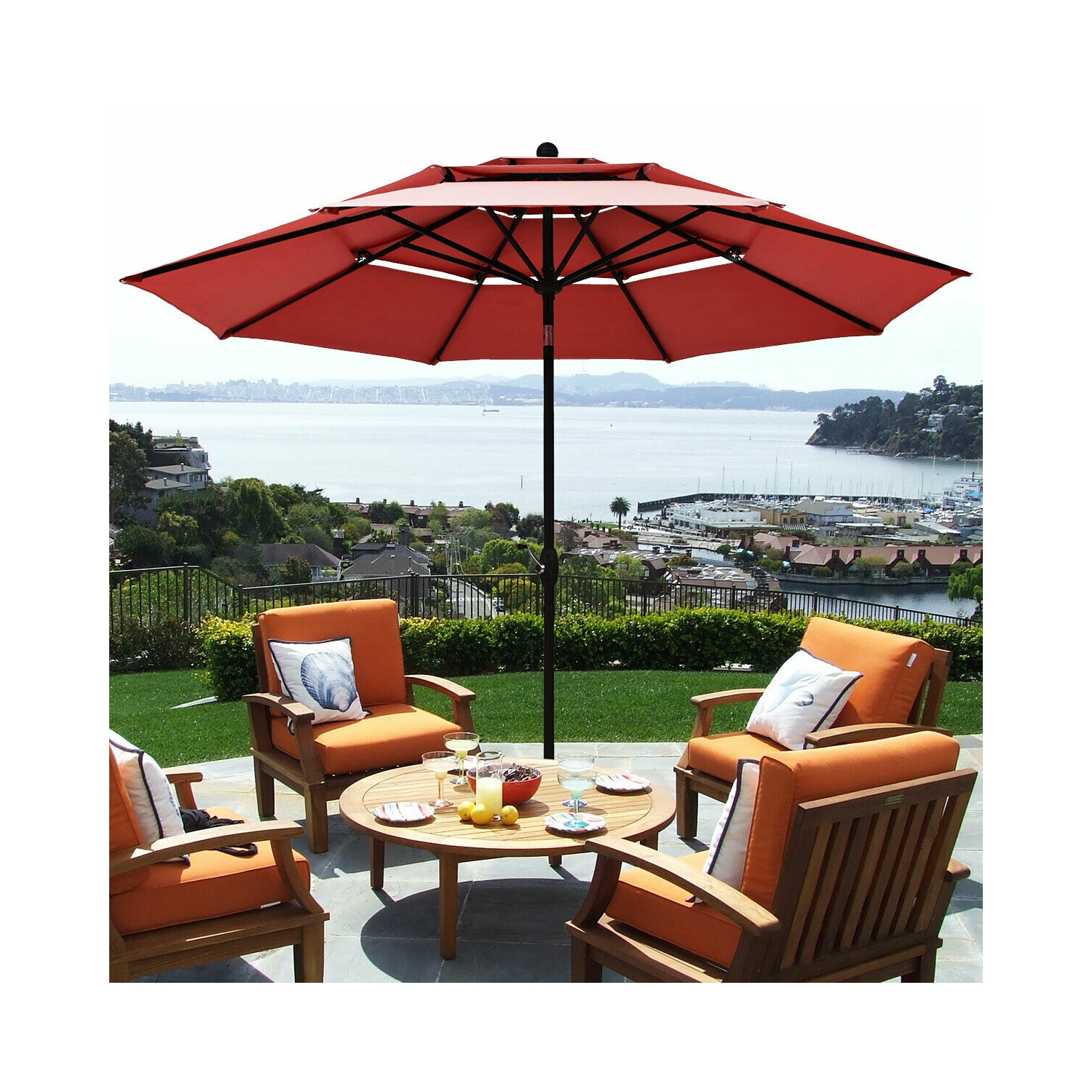 Gymax 10ft 3 Tier Patio Market Umbrella Aluminum Sunshade Shelter Double Vent Burgundy
