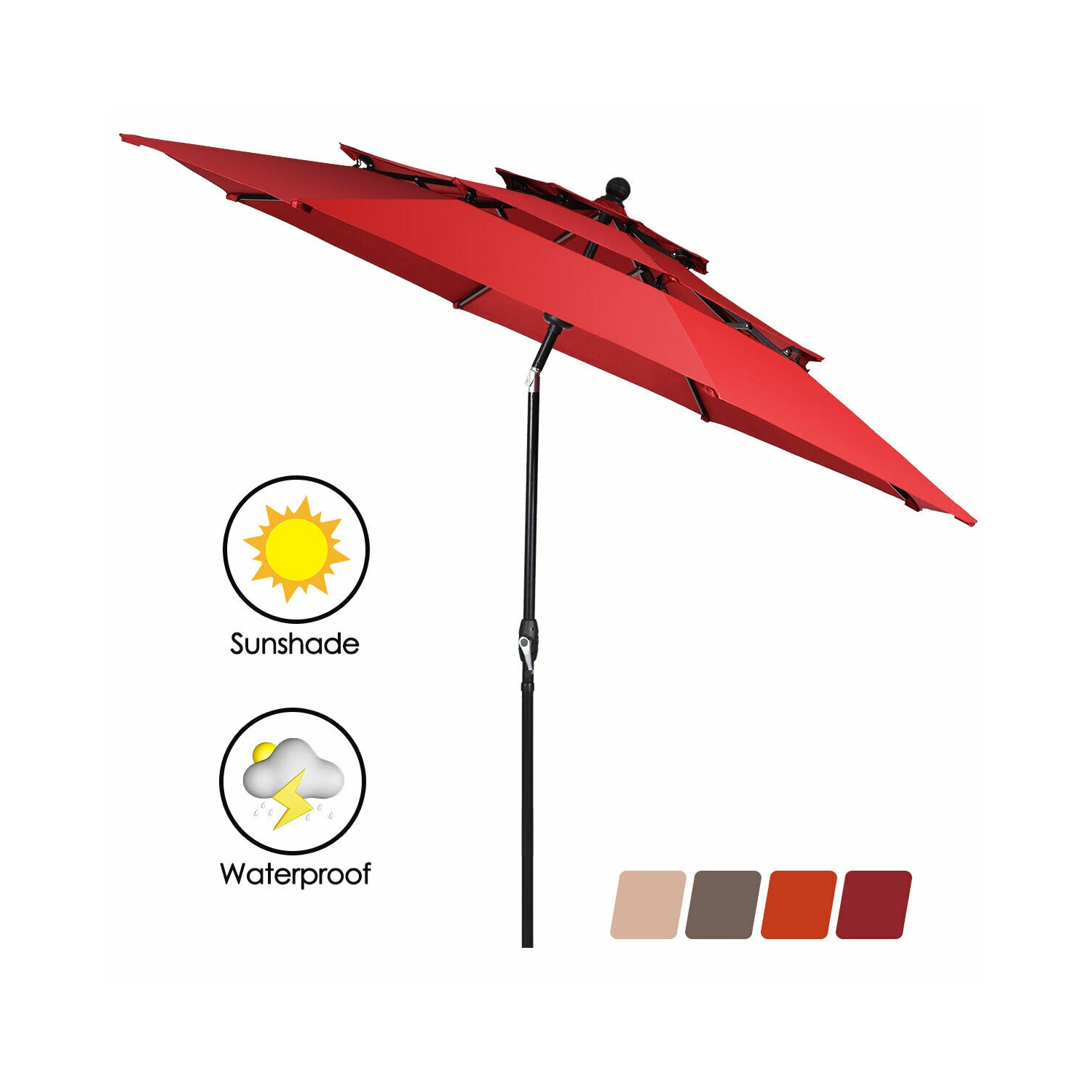 Gymax 10ft 3 Tier Patio Market Umbrella Aluminum Sunshade Shelter Double Vent Burgundy