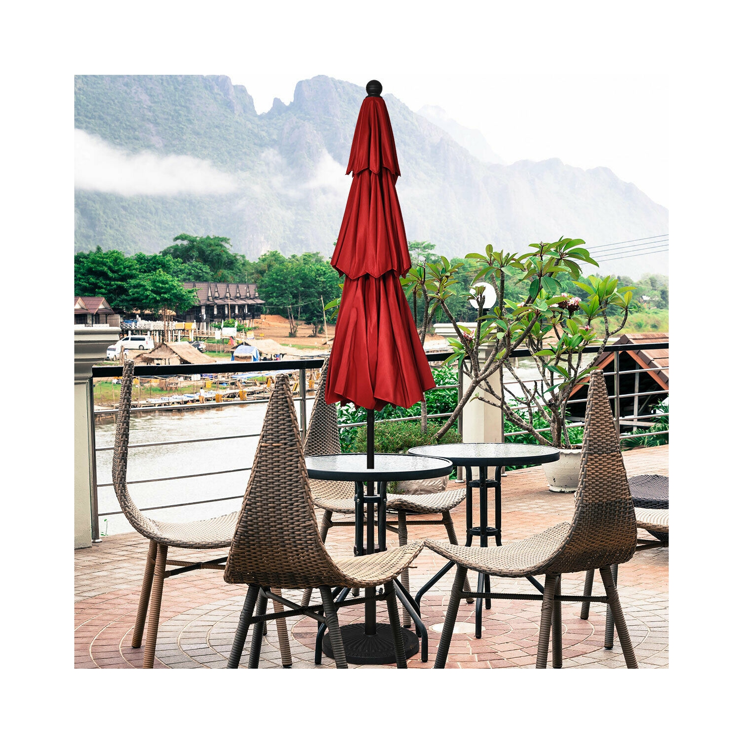 Gymax 10ft 3 Tier Patio Market Umbrella Aluminum Sunshade Shelter Double Vent Burgundy