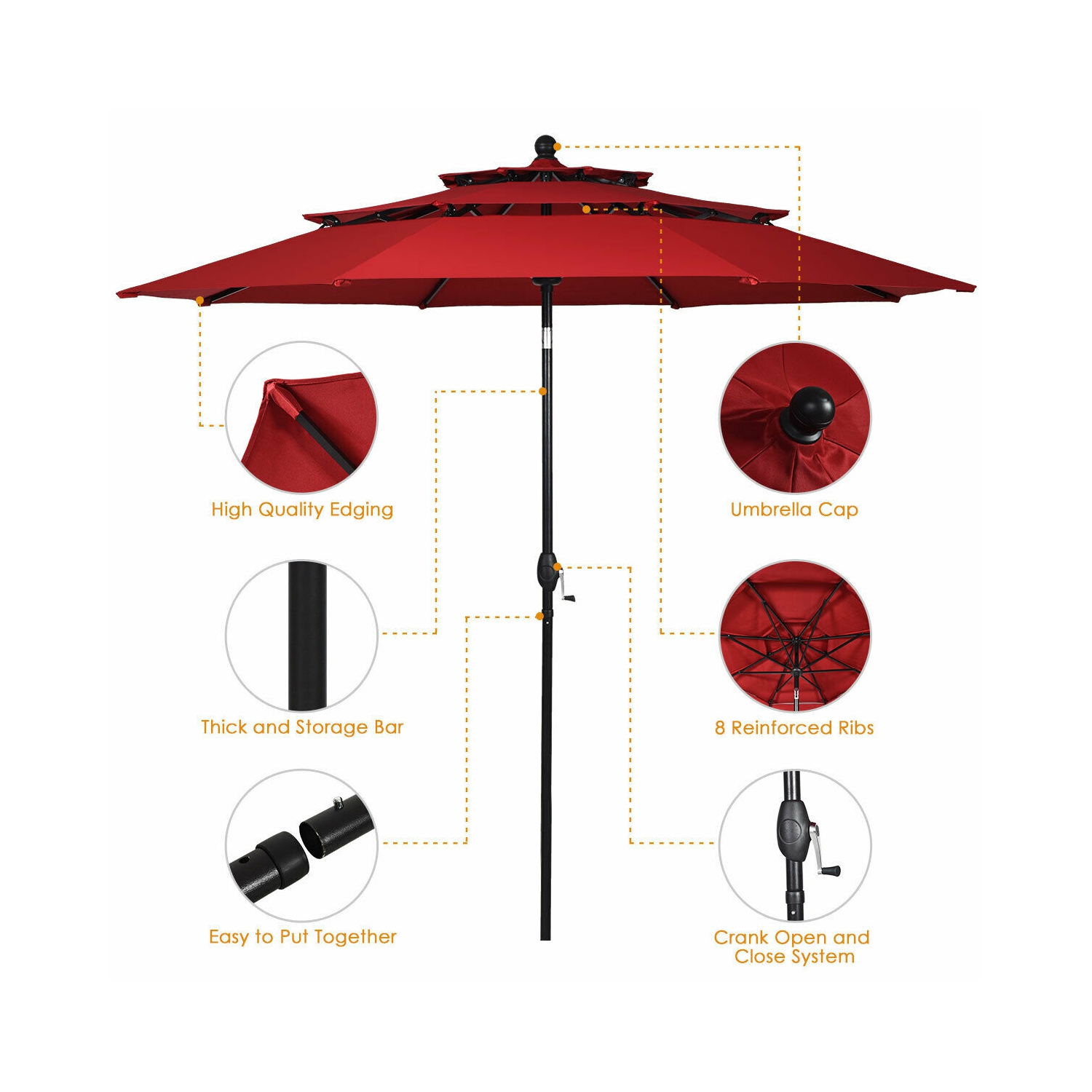 Gymax 10ft 3 Tier Patio Market Umbrella Aluminum Sunshade Shelter Double Vent Burgundy