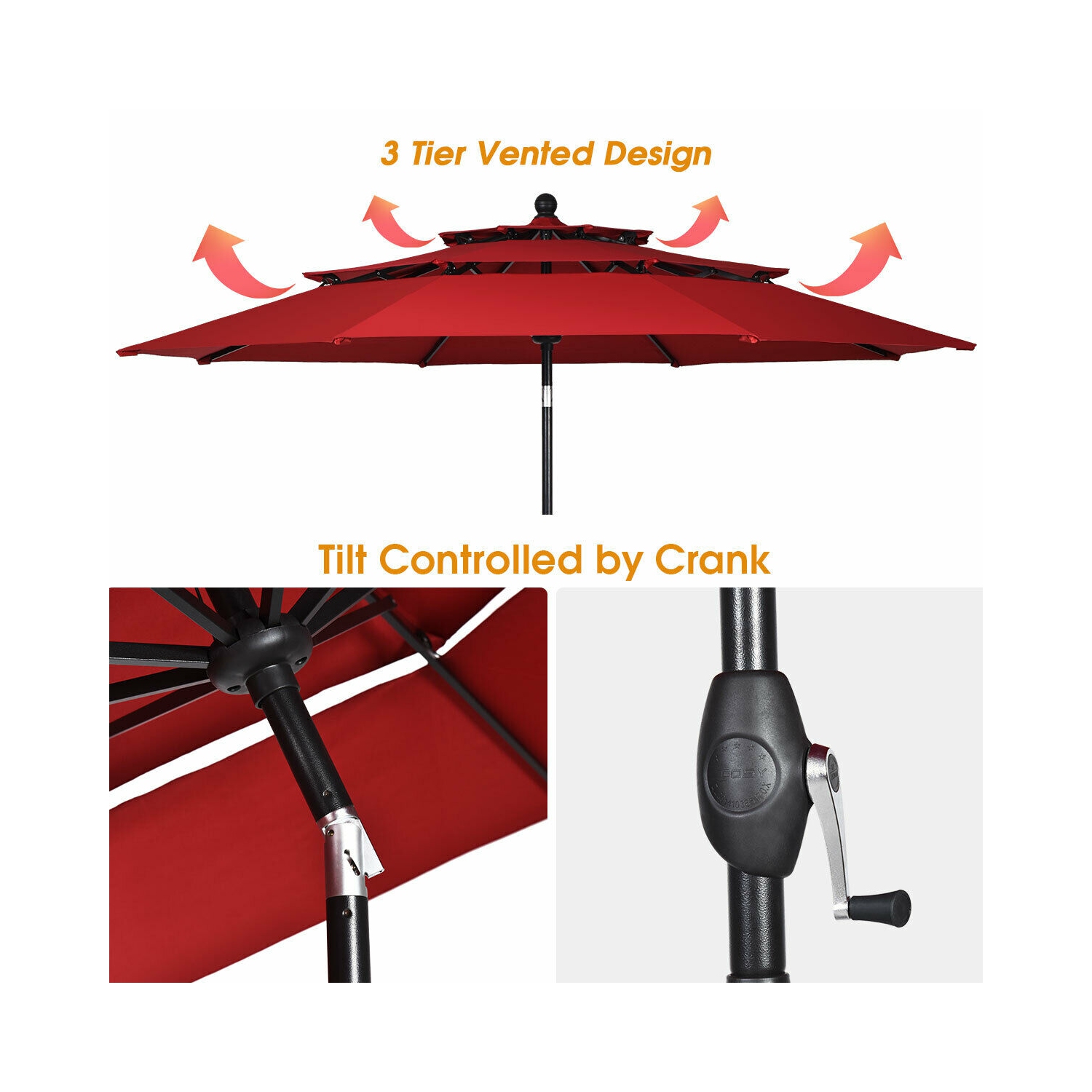 Gymax 10ft 3 Tier Patio Market Umbrella Aluminum Sunshade Shelter Double Vent Burgundy