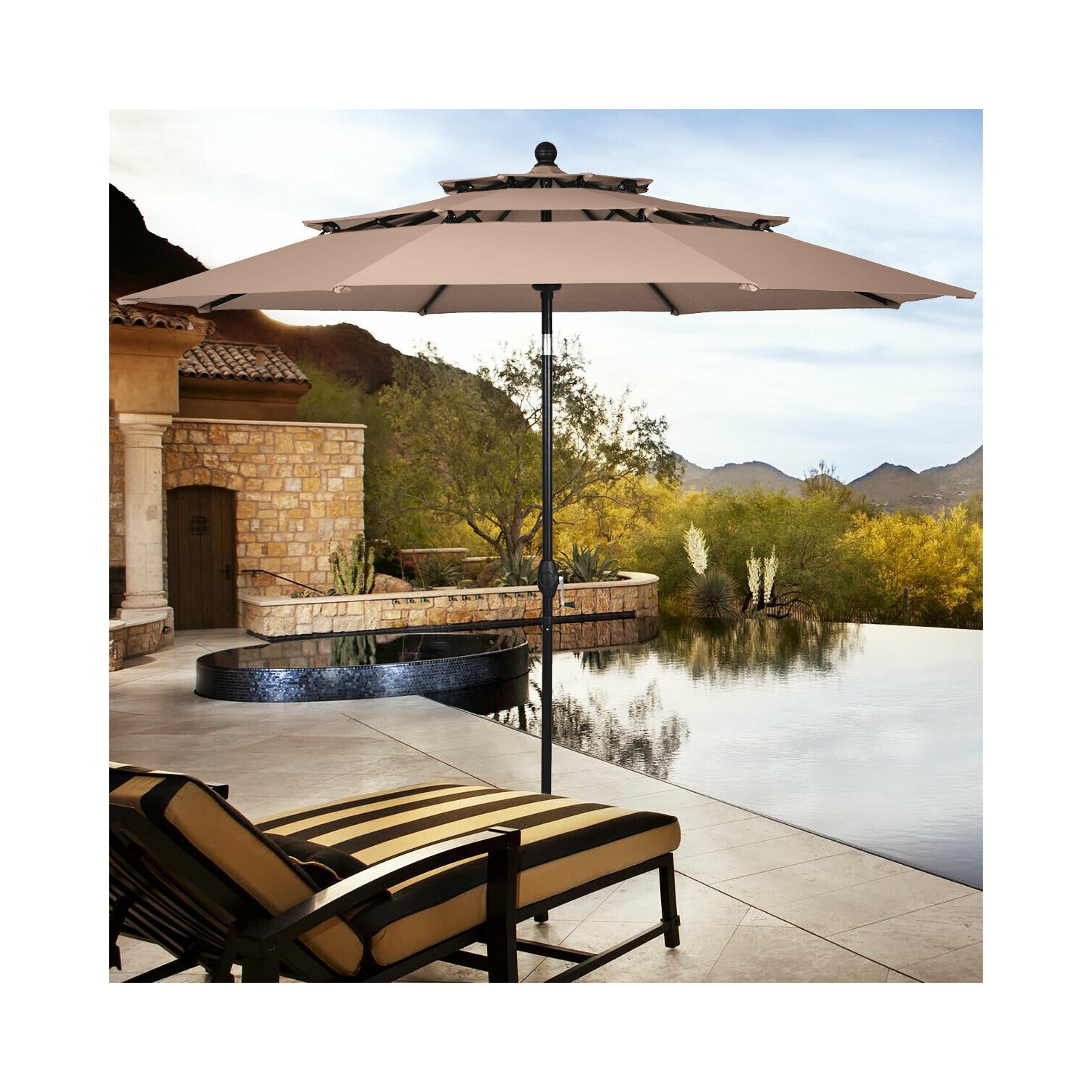 Gymax 10ft 3 Tier Patio Market Umbrella Aluminum Sunshade Shelter Double Vented Beige