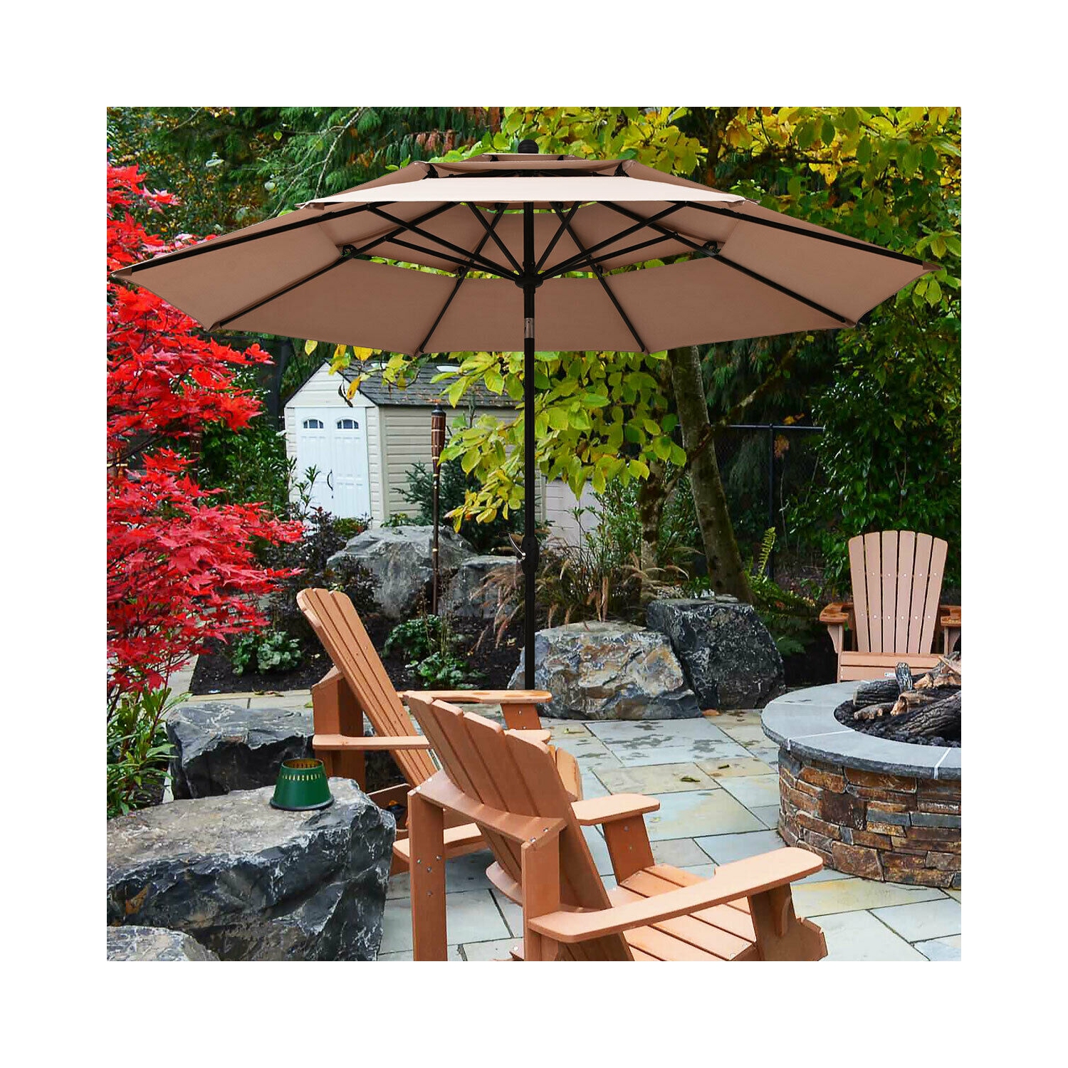 Gymax 10ft 3 Tier Patio Market Umbrella Aluminum Sunshade Shelter Double Vented Beige