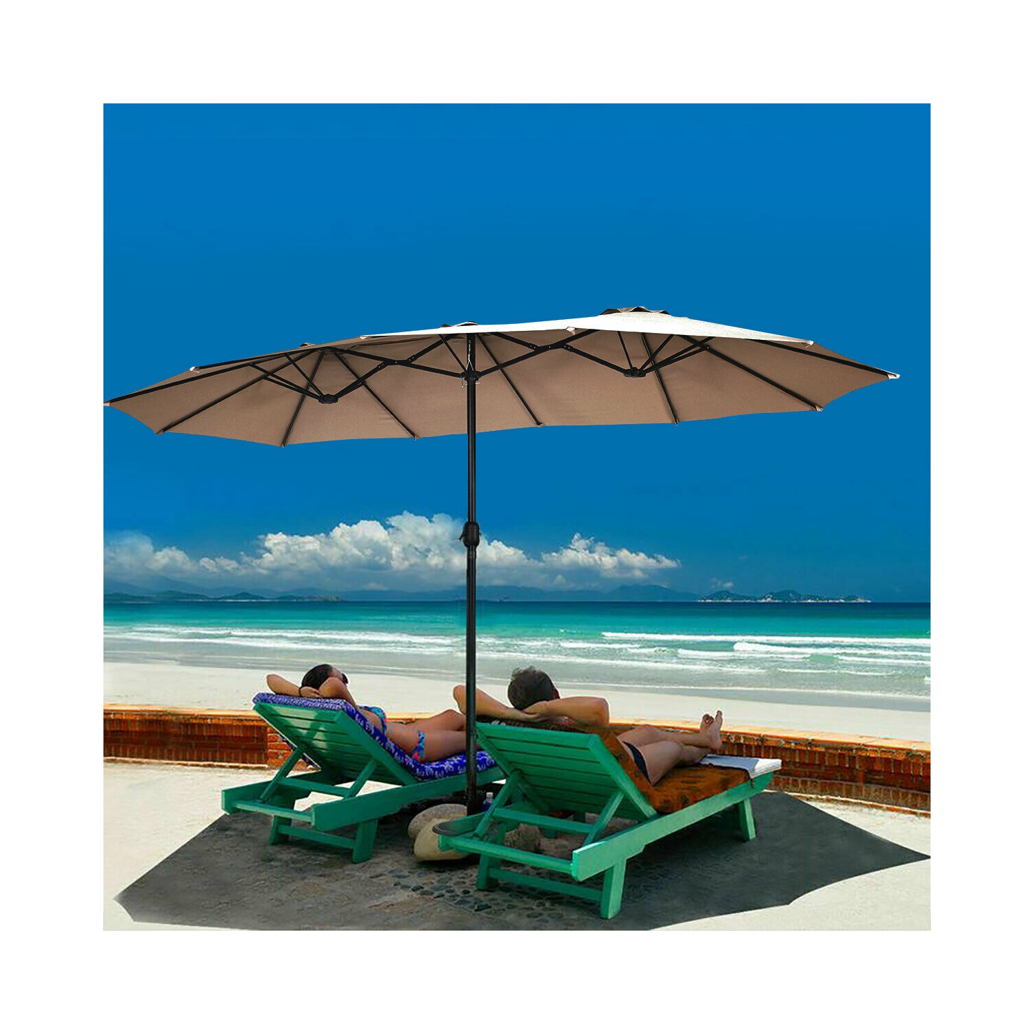 Gymax 15' Twin Patio Umbrella Double-Sided Outdoor Market Umbrella with Crank Tan