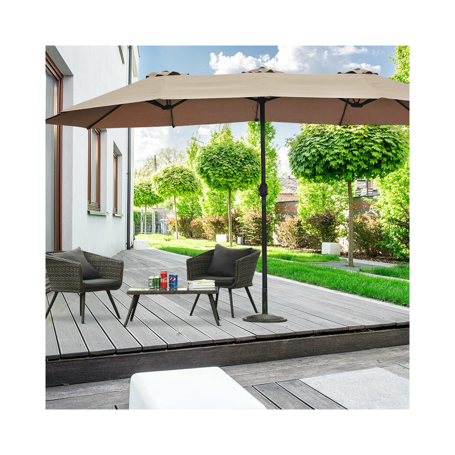 Gymax 15' Twin Patio Umbrella Double-Sided Outdoor Market Umbrella with Crank Tan