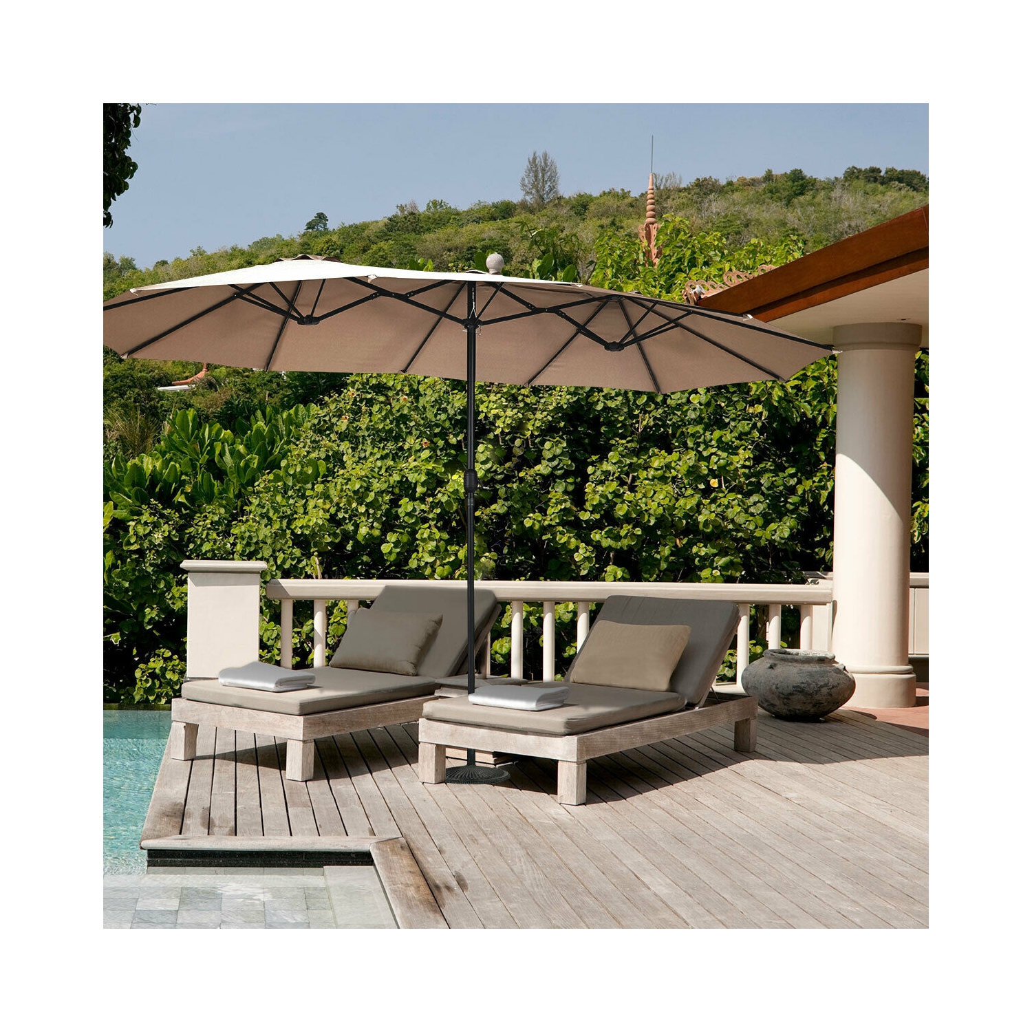 Gymax 15' Twin Patio Umbrella Double-Sided Outdoor Market Umbrella with Crank Tan