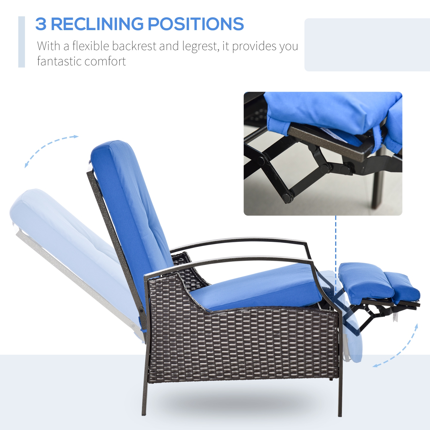 Outsunny PE Rattan Outdoor Recliner Chair, Wicker Patio Lounge Chair with Adjustable Backrest, Retractable Footrest and Cushion, Blue