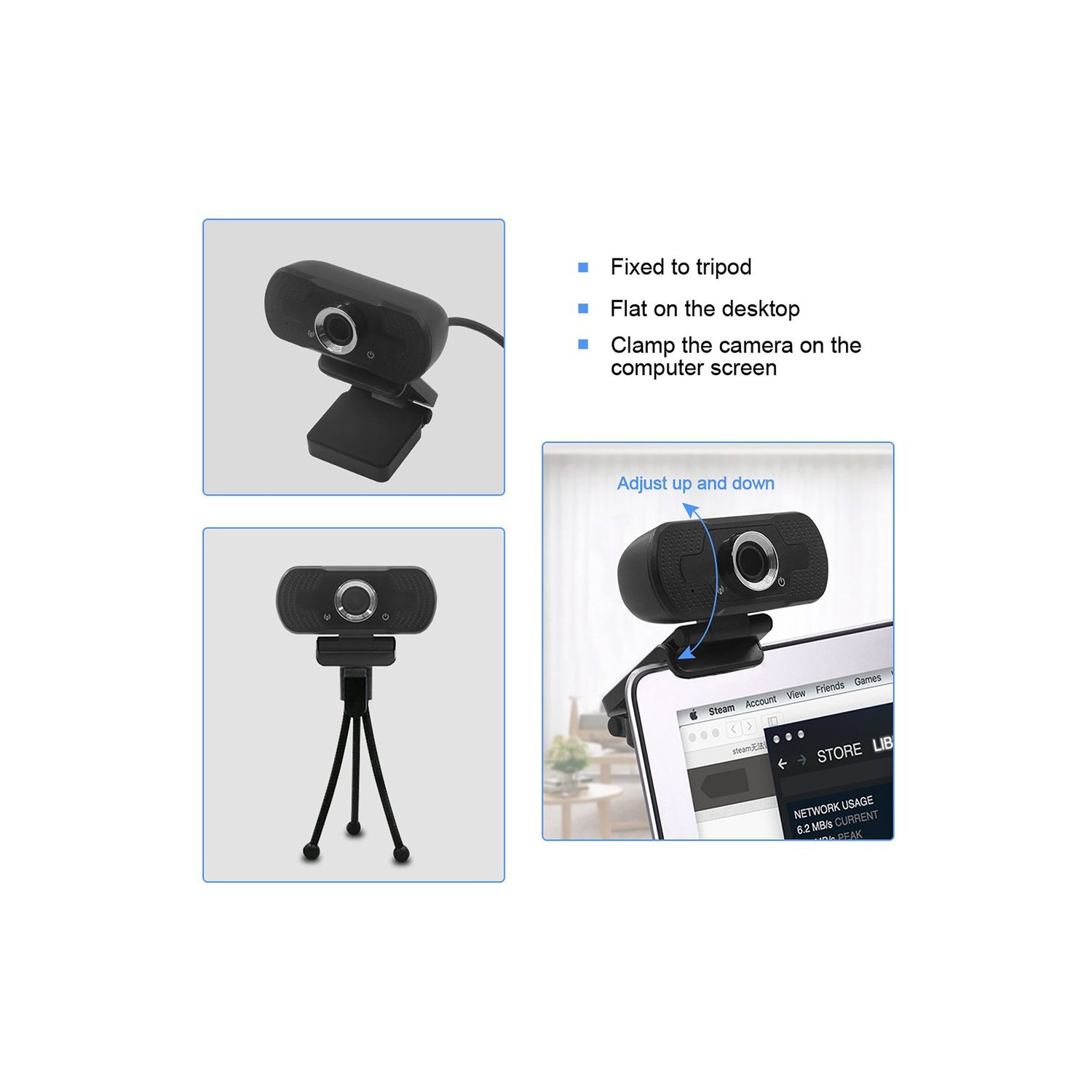 HD Webcam 1080P with built-in microphone, USB Plug and Play, No software installation needed, Support Windows & Mac