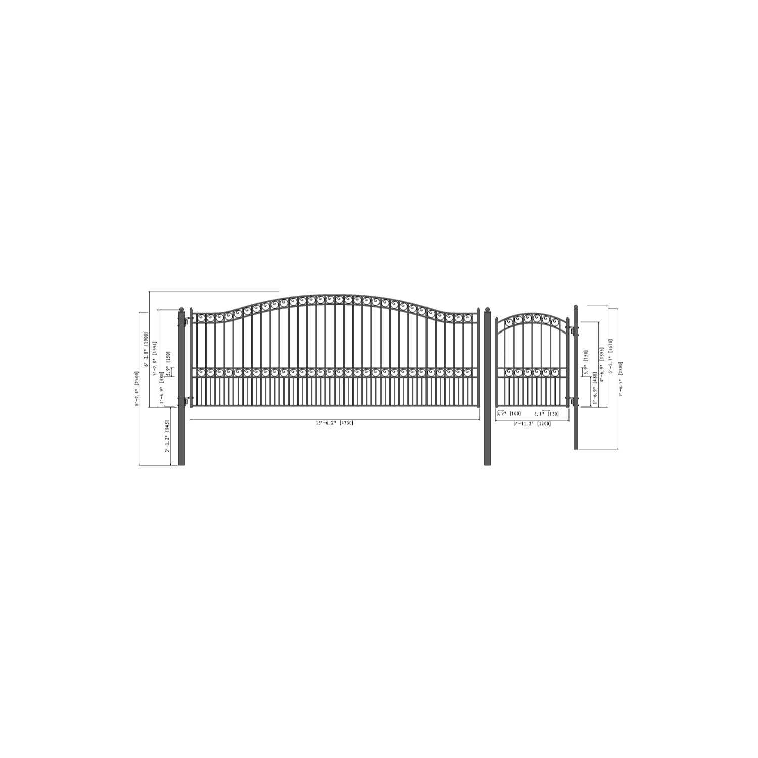 ALEKO SET16X4PARS Paris Style Steel Swing Single Driveway 16 ft with Pedestrian Gate 4 ft
