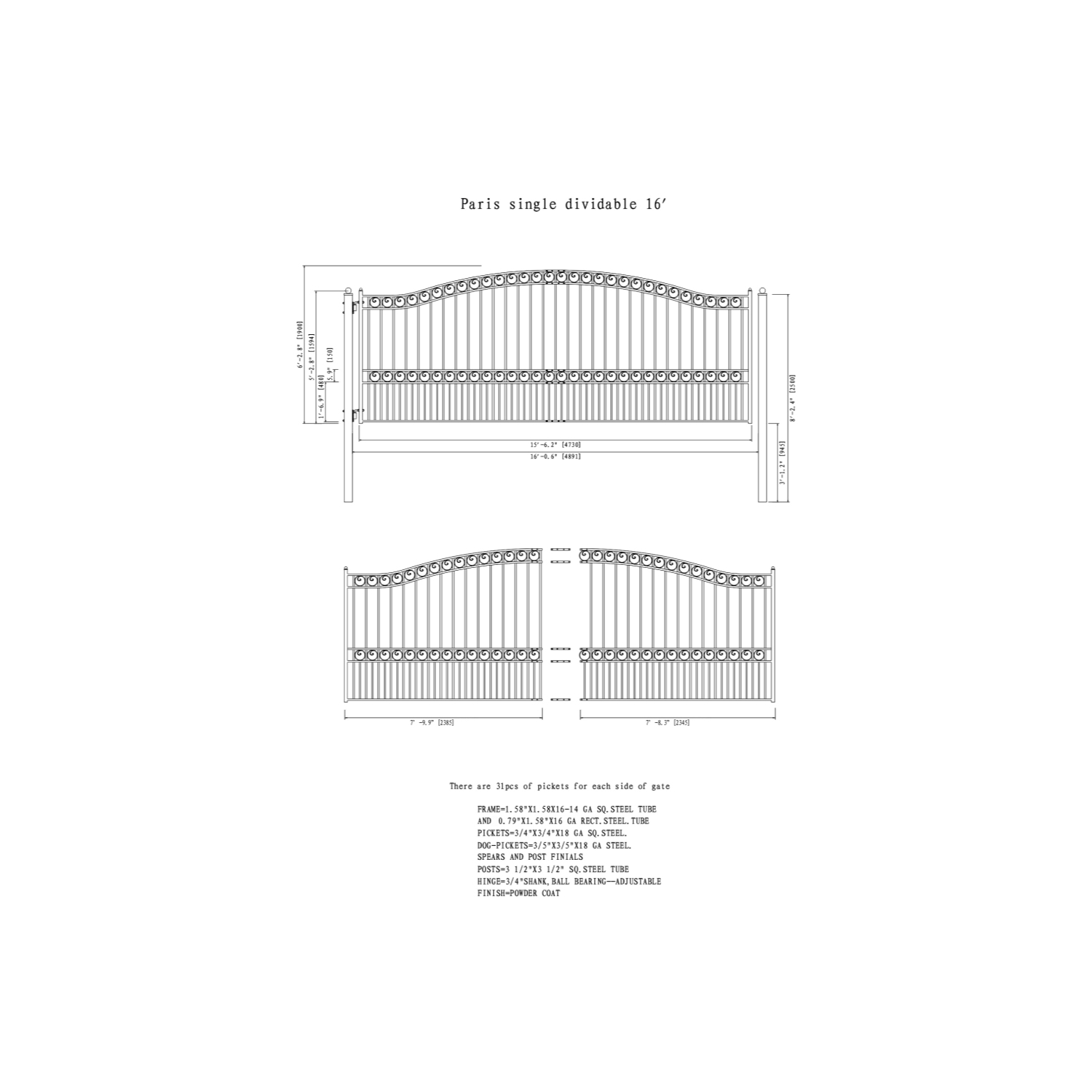 ALEKO SET16X4PARS Paris Style Steel Swing Single Driveway 16 ft with Pedestrian Gate 4 ft