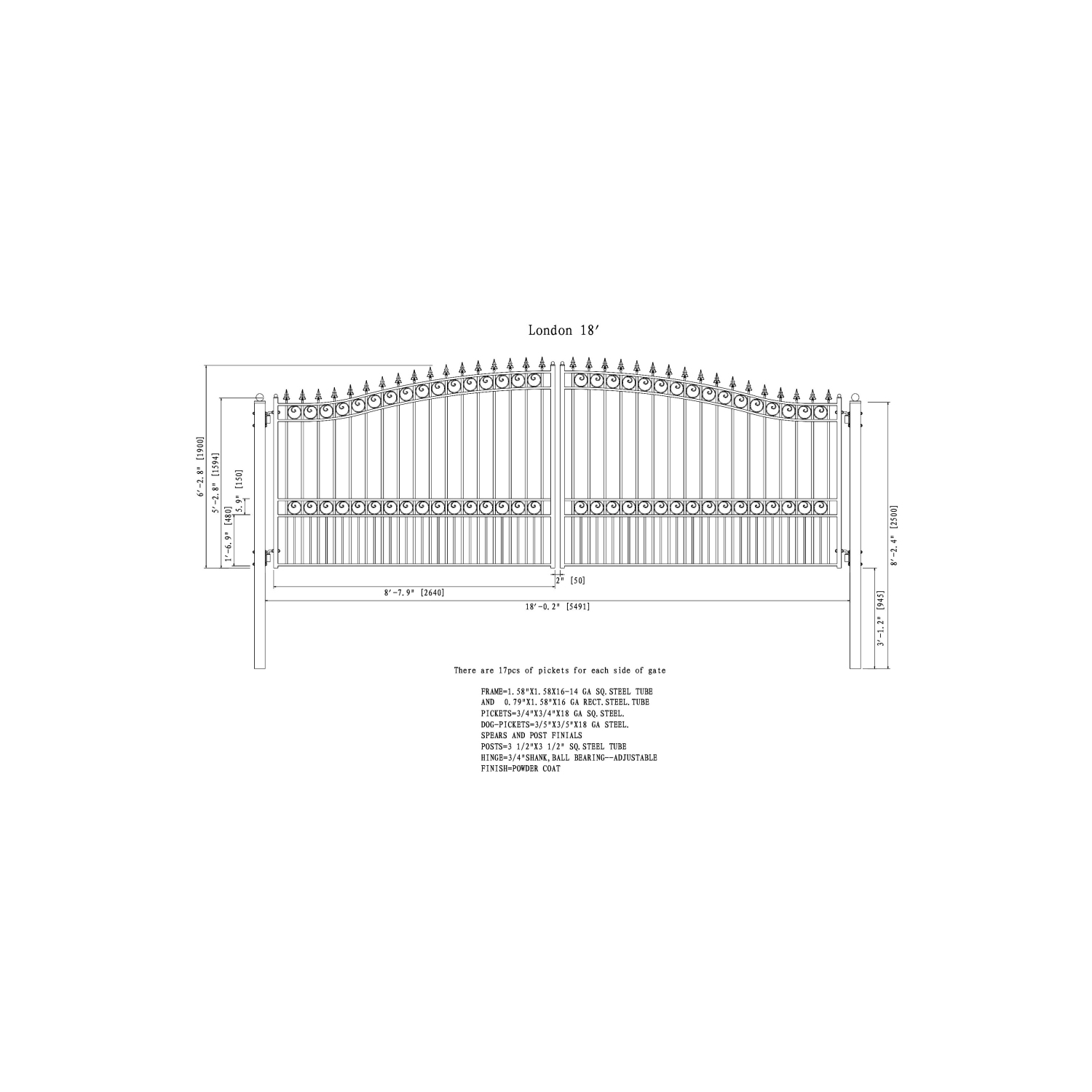 ALEKO® DG18LOND London Style Dual Swing Steel Driveway Gate 18'