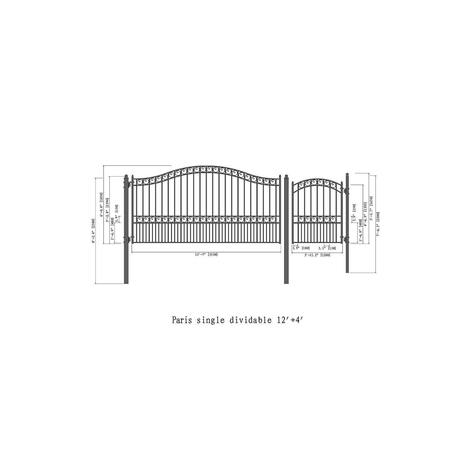 ALEKO SET12X4PARS Paris Style Steel Swing Single Driveway 12 ft with Pedestrian Gate 4 ft