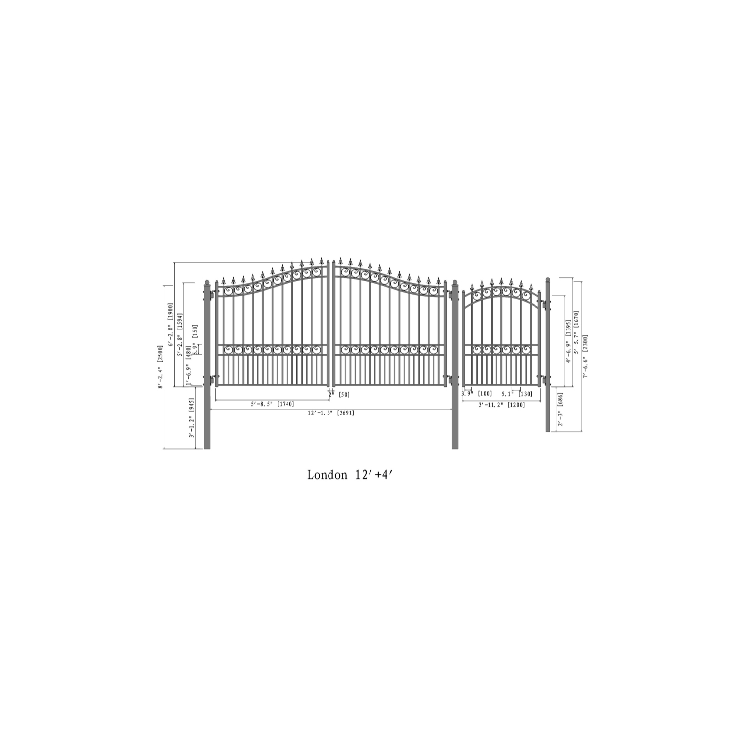 ALEKO SET12X4LOND London Style Steel Swing Dual Driveway 12 ft with Pedestrian Gate 4 ft