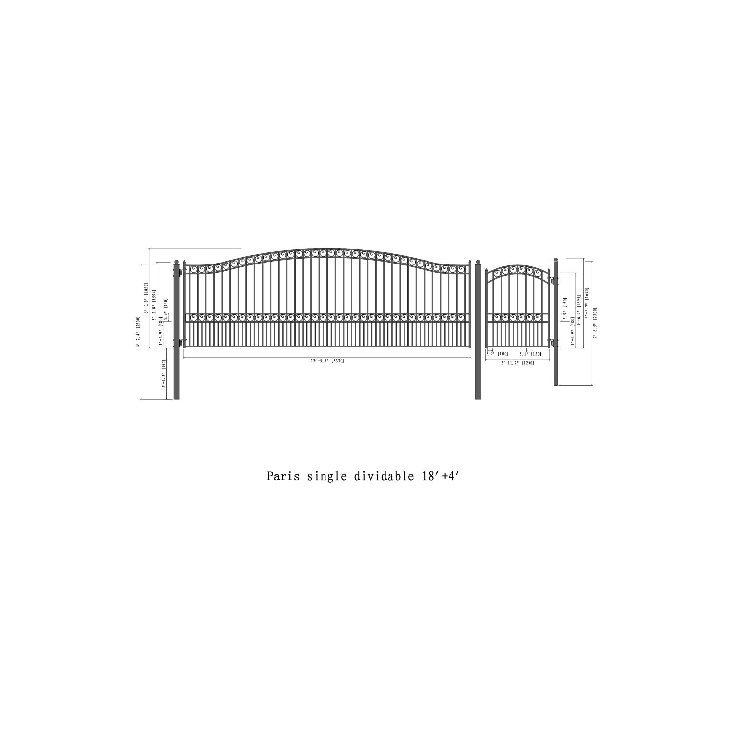 ALEKO SET18X4PARS Paris Style Steel Swing Single Driveway 18 ft with Pedestrian Gate 4 ft