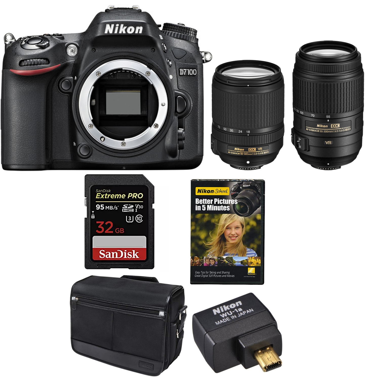 Nikon D7100 DSLR Camera with 18-140mm and 55-300mm Lenses w/ 32GB Memory Card Starter Kit - US Version w/ Seller Warranty