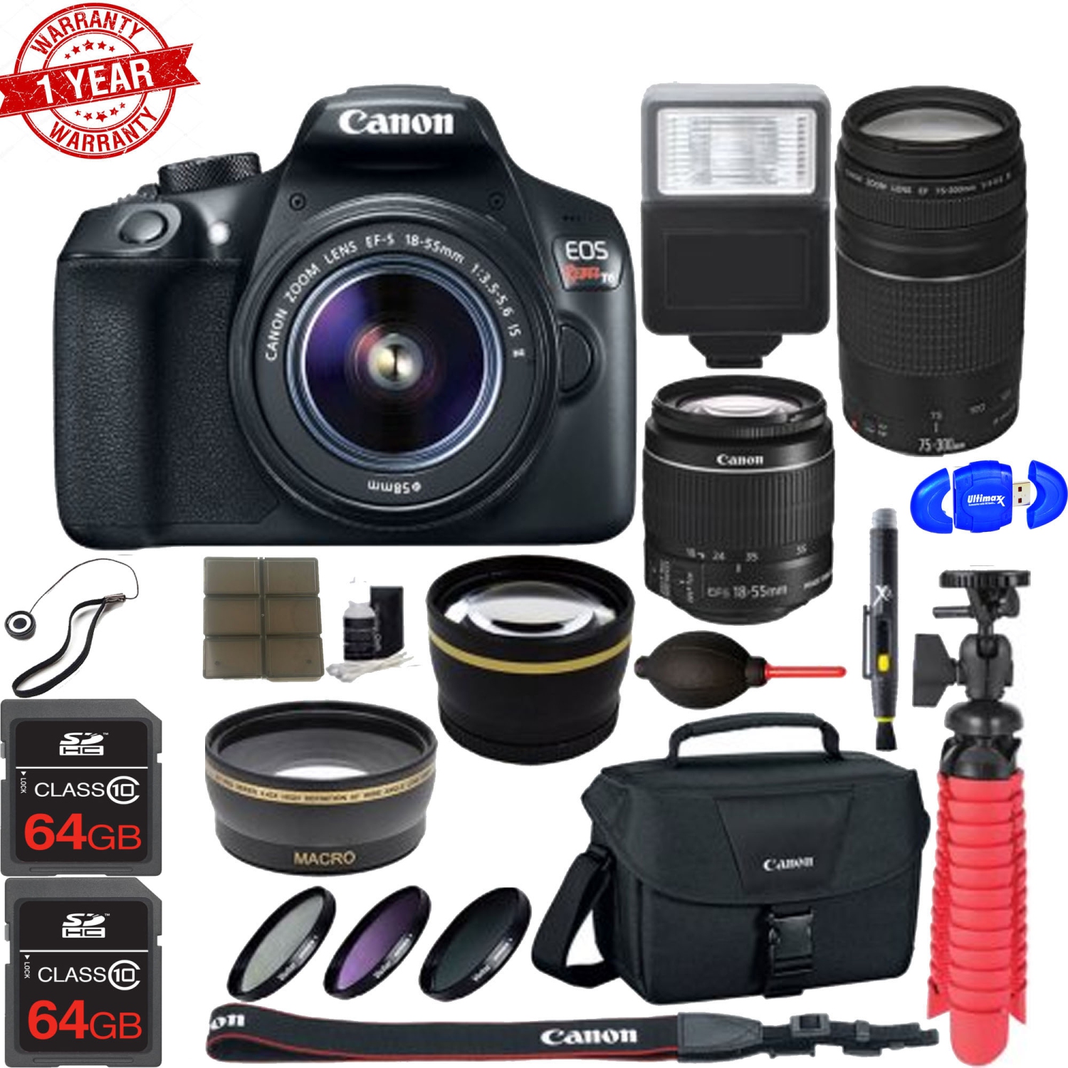 Canon EOS 1300D / Rebel T6 Digital SLR Camera w/ EF-S 18-55mm IS | EF-S 75-300mm Lens Bundle - US Version w/ Seller Warranty