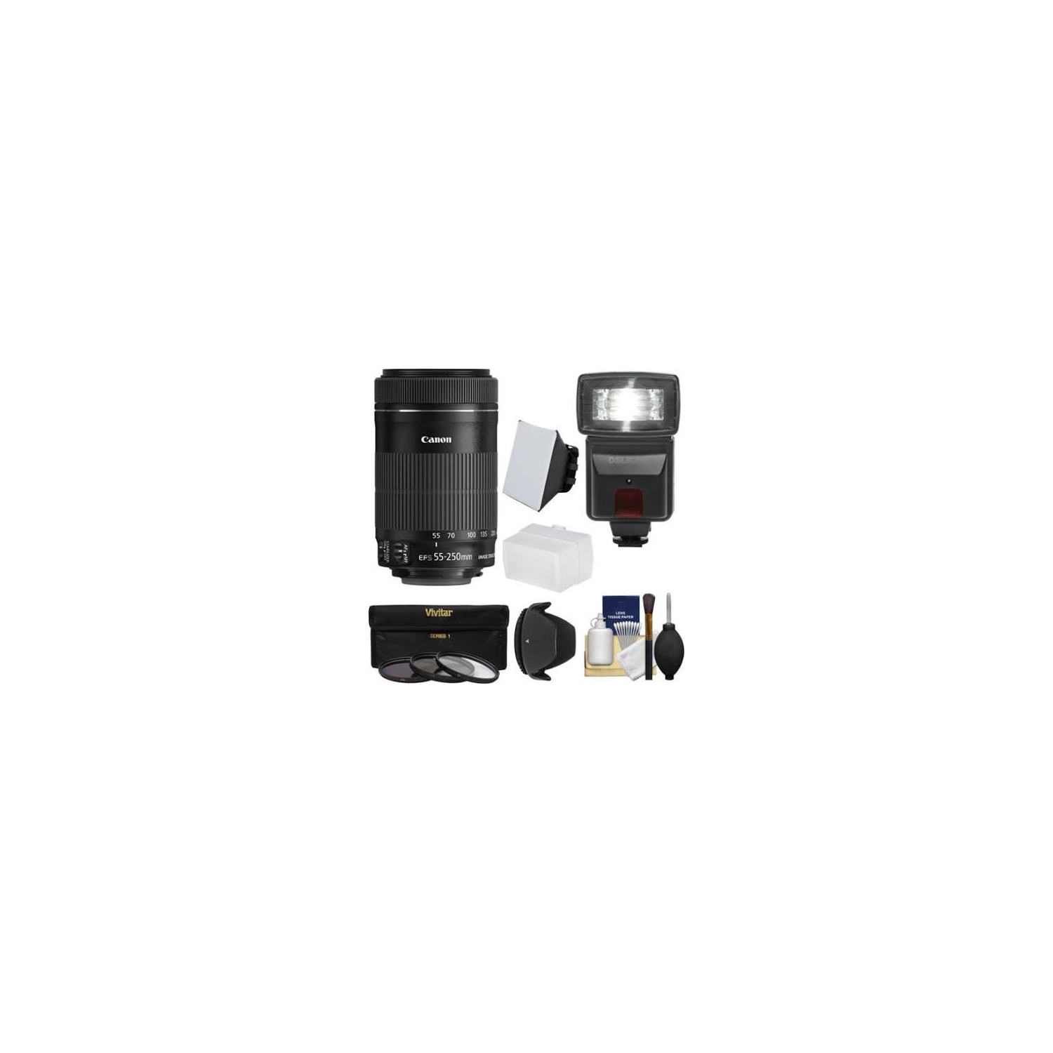Canon EF-S 55-250mm f/4-5.6 IS STM Lens Zoom Lens with Flash 3 Filters Diffusers Hood Kit - US Version w/ Seller Warranty
