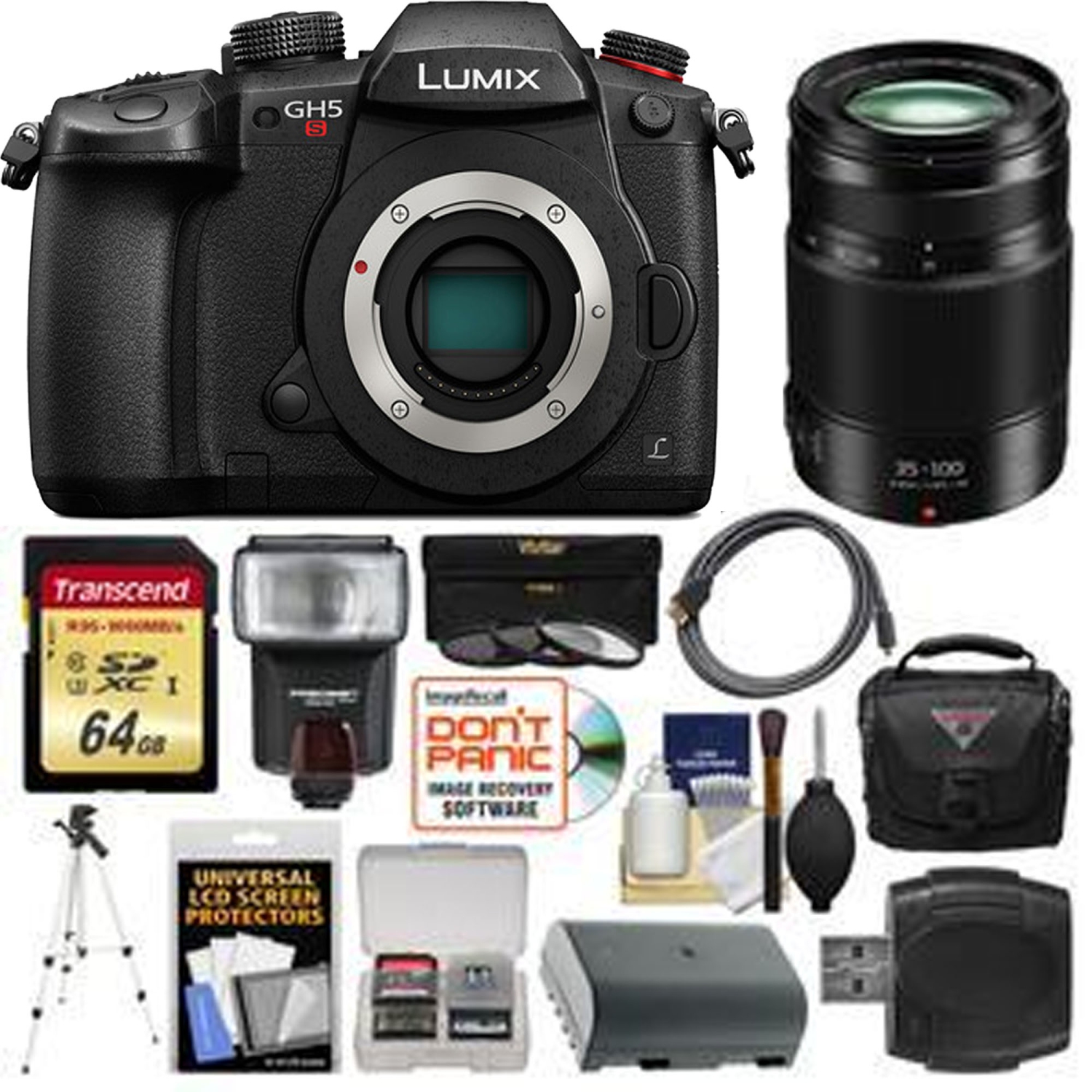 Panasonic Lumix DC-GH5S Mirrorless Micro Four Thirds with 35-100mm Lens | 64GB Card | Case | Flash | Battery | Tripod | Kit - US Version w/ Seller