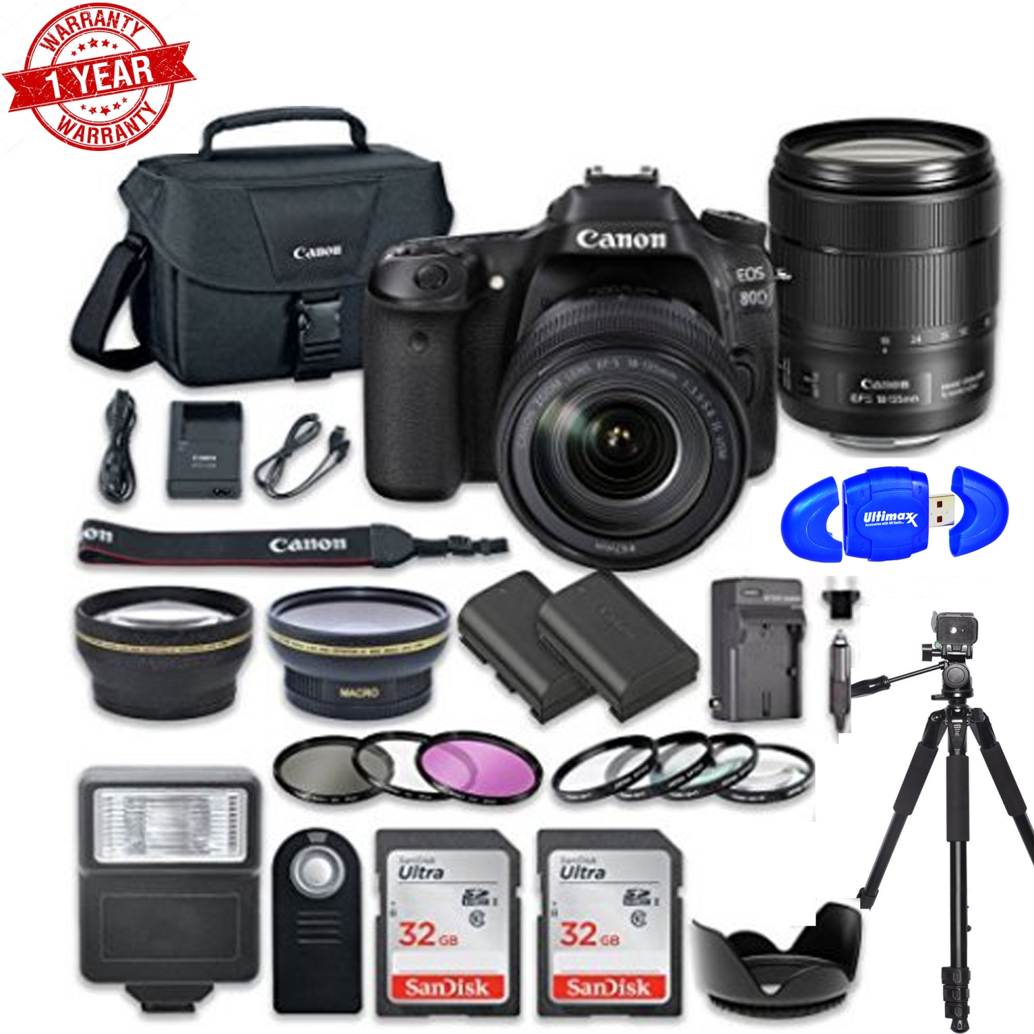 Canon EOS 80D Wi-Fi Full HD 1080P Digital SLR Camera w/ EF-S 18-135mm USM Lens 2pc SanDisk 32GB Memory Cards Accessory Kit - US Version w/ Seller