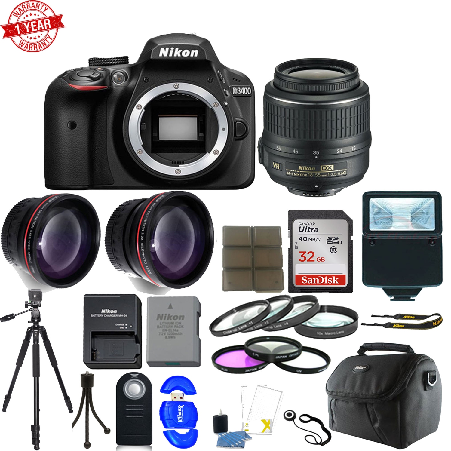Nikon D3400 24MP Digital SLR Camera with 18-55mm Lens | 32GB Great Value Kit - US Version w/ Seller Warranty