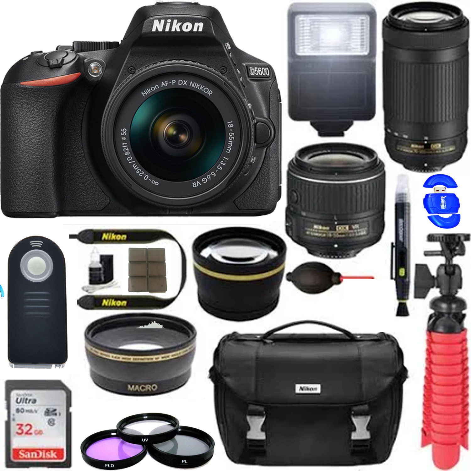 Nikon D5600 24.2 MP DSLR Camera + AF-P DX 18-55mm & 70-300mm NIKKOR Zoom Lens Kit + Accessory Bundle - US Version w/ Seller Warranty