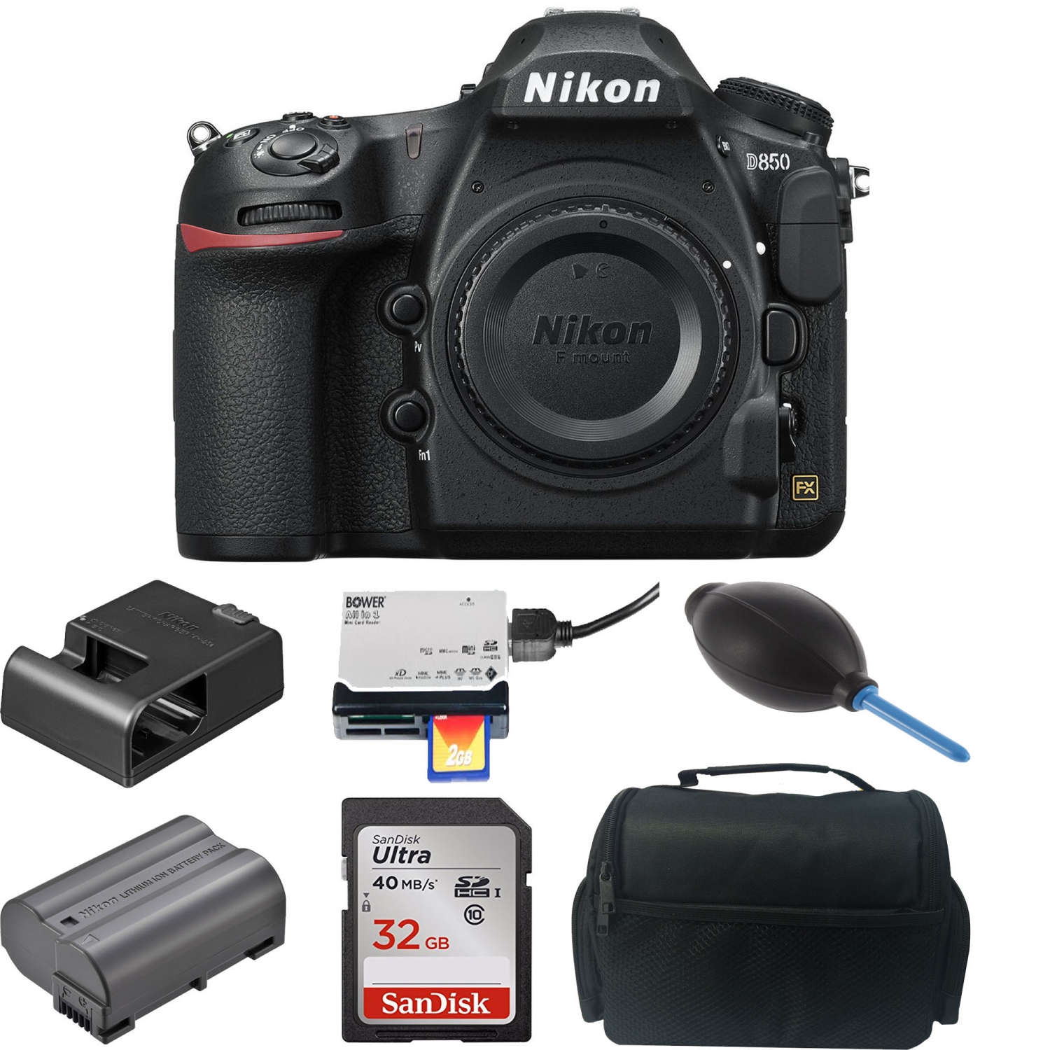Nikon D850 Digital SLR Camera w/ Sandisk 32GB MC | DSLR Case | Dust Blower & Card Reader Bundle - US Version w/ Seller Warranty