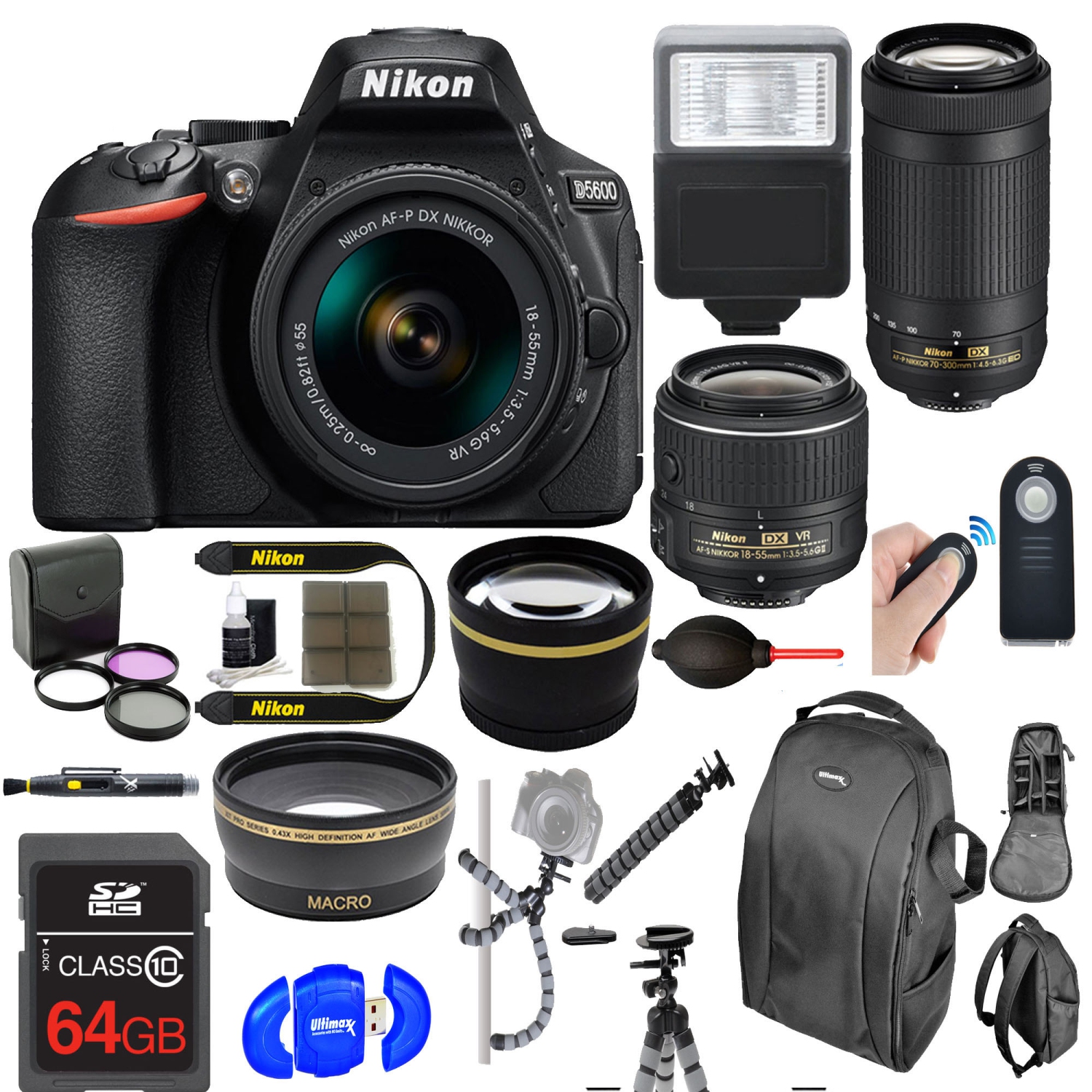 Nikon D5600 24.2 MP DSLR Camera + AF-P DX 18-55mm & 70-300mm NIKKOR Zoom Lens Kit + Accessory Bundle - US Version w/ Seller Warranty