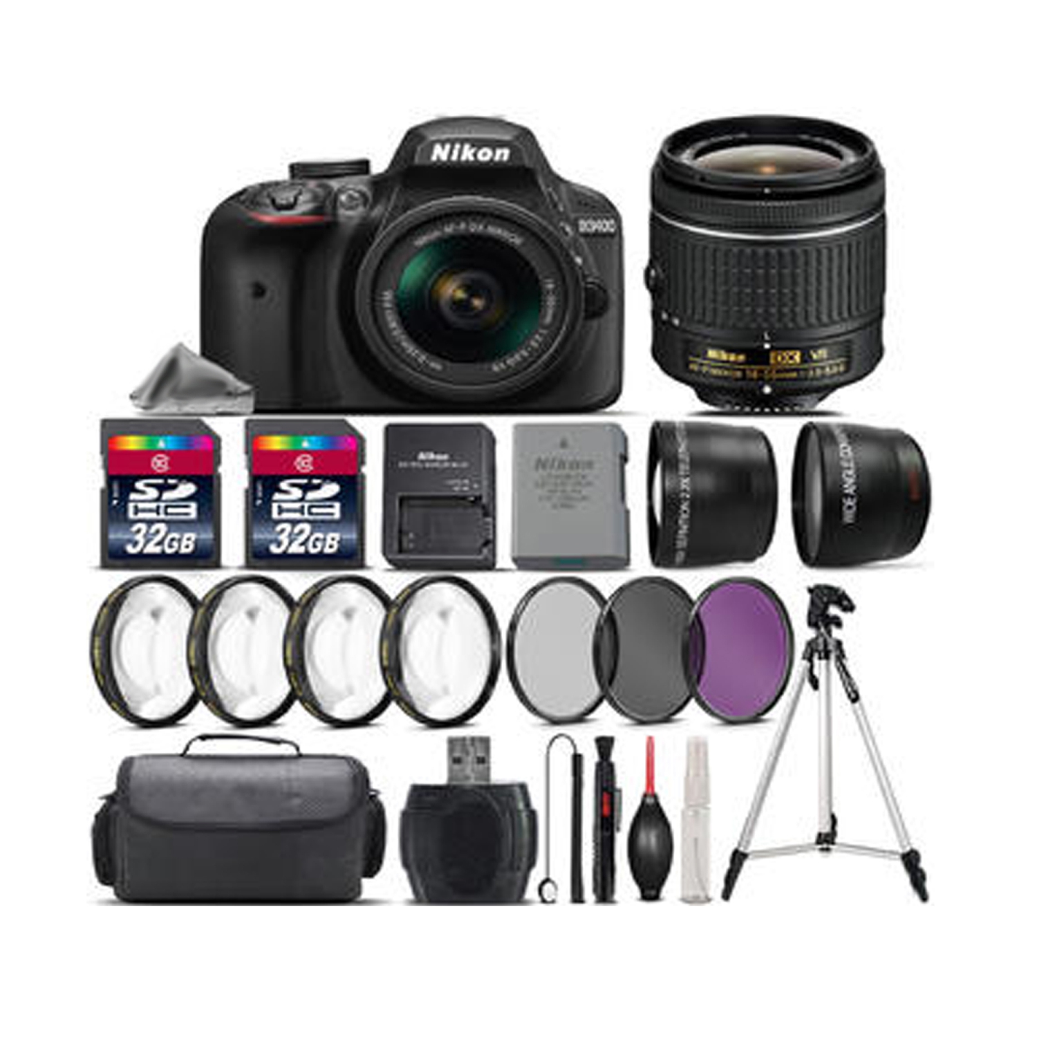 Nikon D3400 DSLR Camera with 18-55mm VR Lens + 4PC Macro Kit + UV-CPL-FLD + 64GB - US Version w/ Seller Warranty