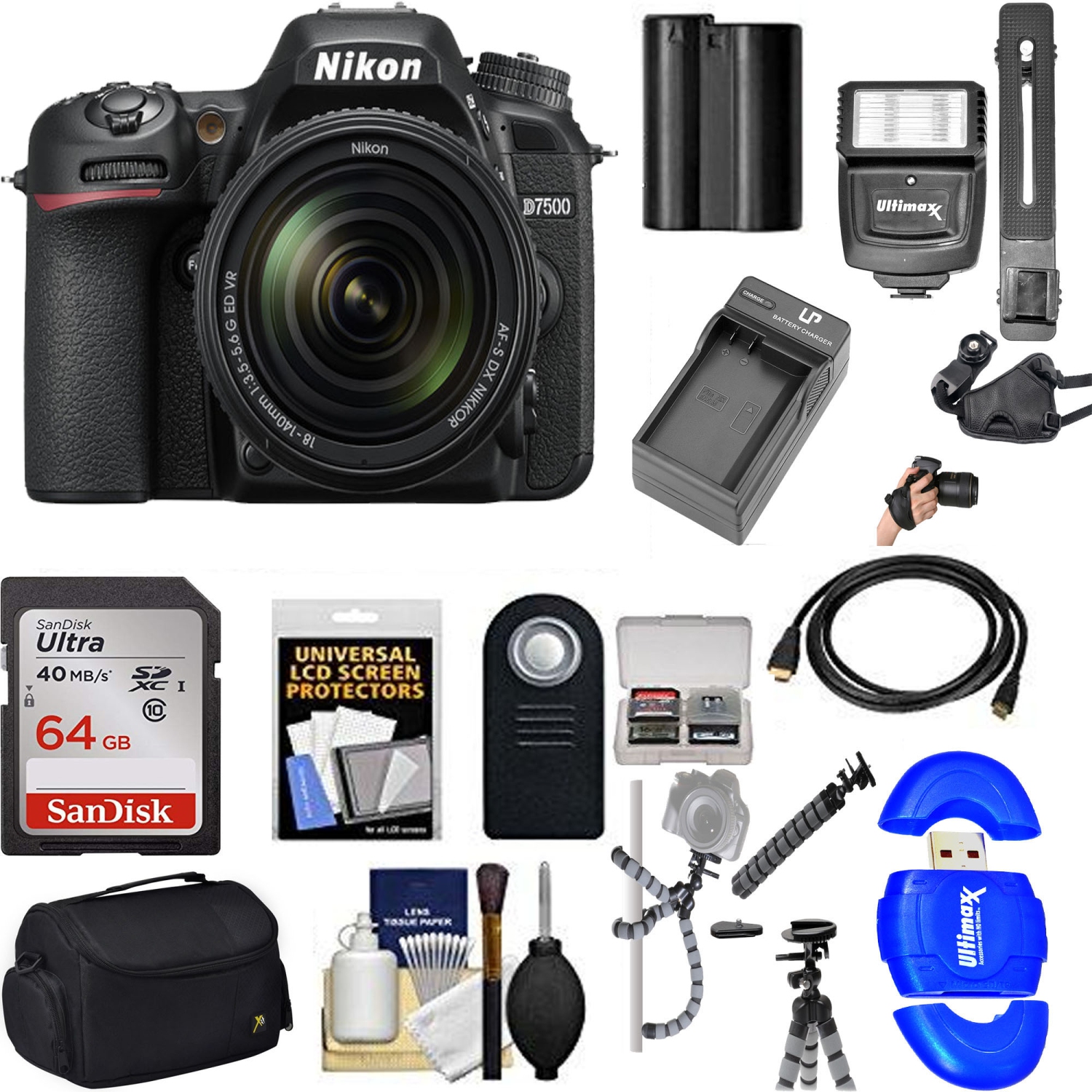 Nikon D7500 DSLR Camera with 18-140mm Lens & 64GB Memory Card Starter Essential Bundle - US Version w/ Seller Warranty