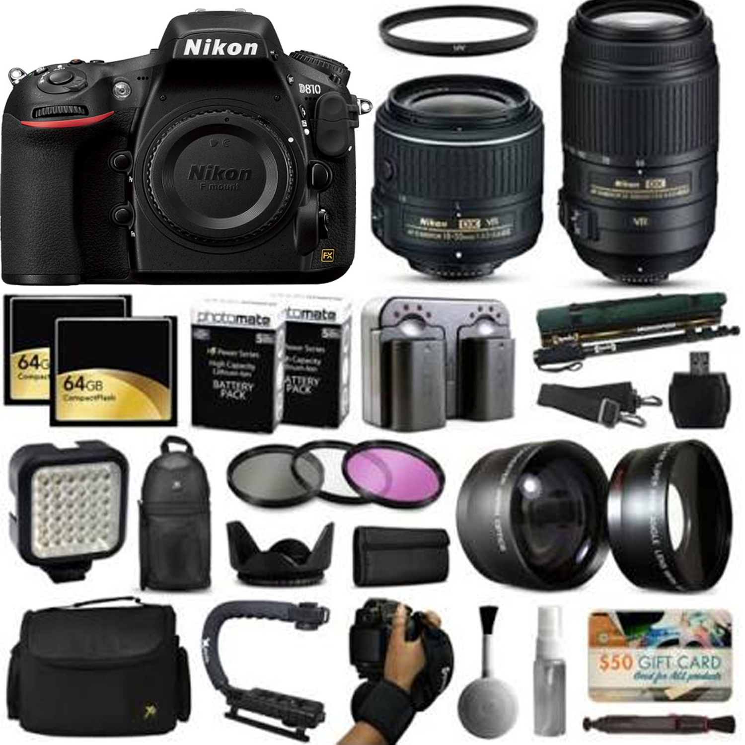 Nikon D810 DSLR SLR Camera + 18-55mm VR + 55-300mm VR + 128GB Premium Bundle - US Version w/ Seller Warranty
