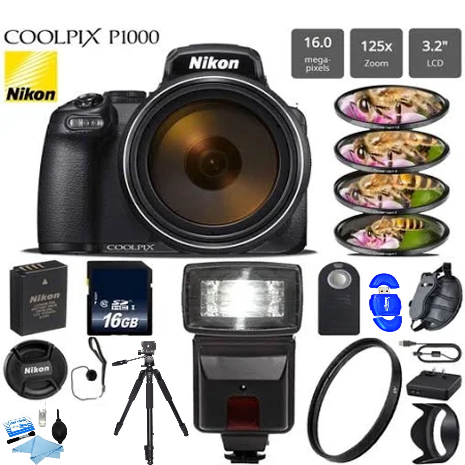 Nikon COOLPIX P1000 Digital Camera w/ Professional Flash | 16GB MC | Tripod | Filters & More - US Version w/ Seller Warranty