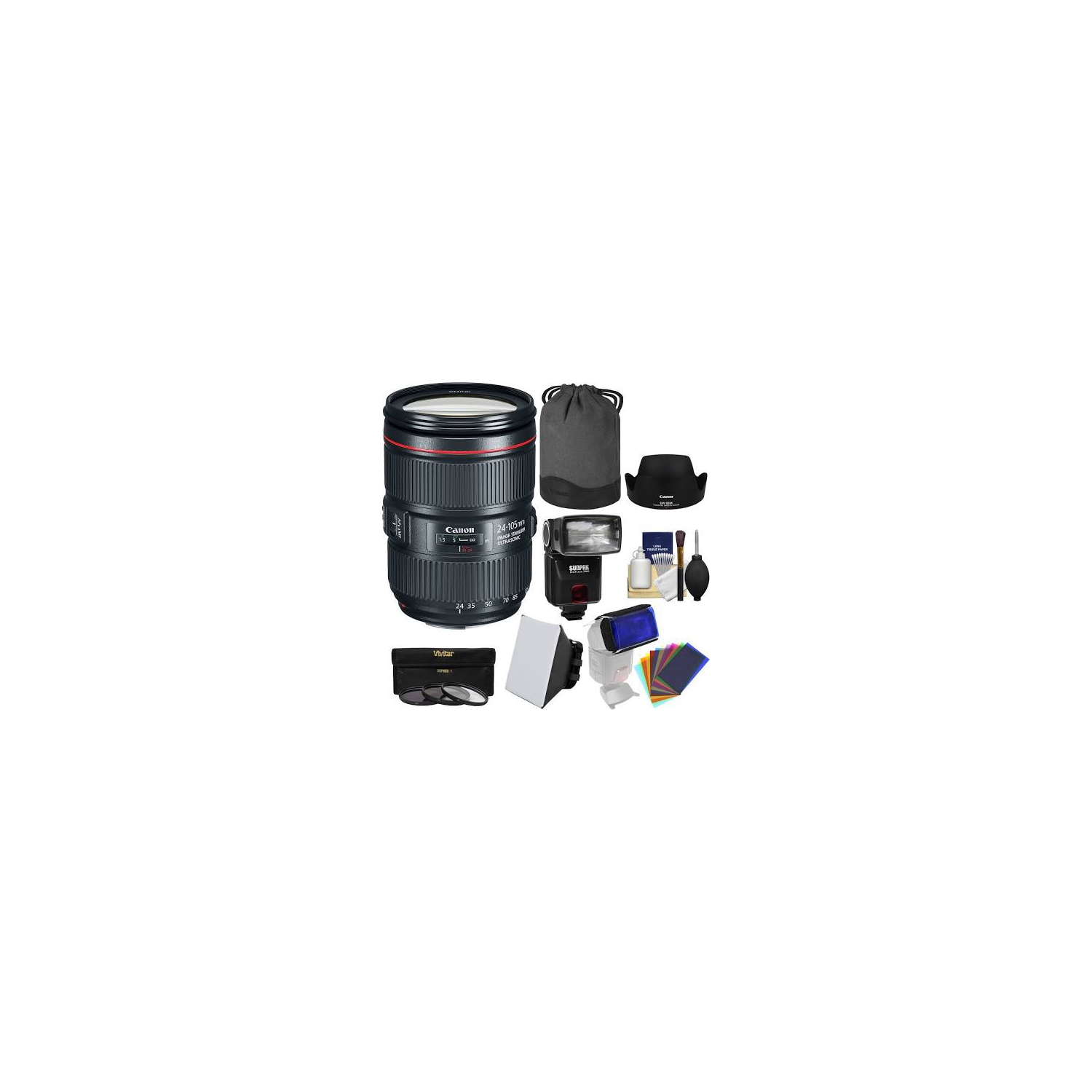 Canon EF 24-105mm f/4L Is II USM Zoom Lens with 3 UV/CPL/ND8 Filters + Flash + Gel Diffusers + Soft Box + Kit - US Version w/ Seller Warranty