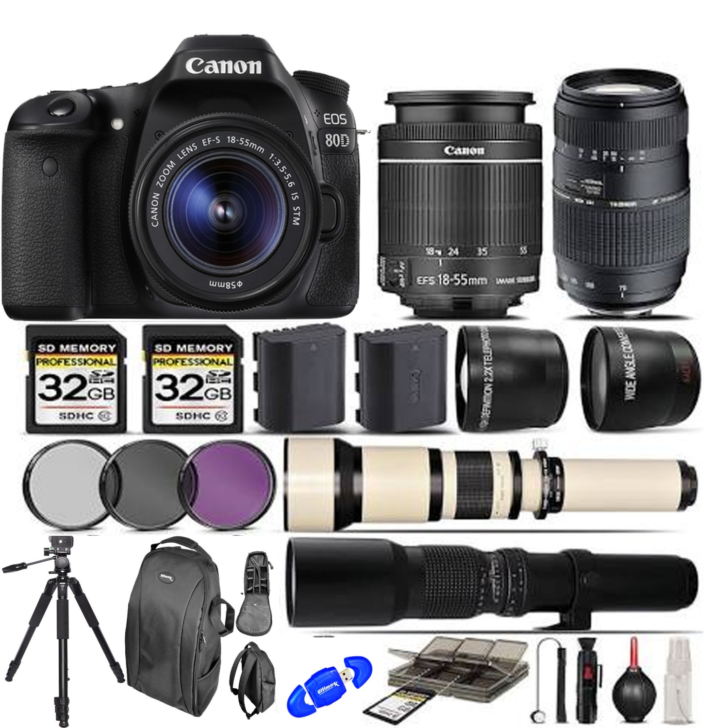 Canon EOS 80D Digital SLR Camera + 18-55mm + 70-300mm Lens - 64GB Kit Bundle - US Version w/ Seller Warranty