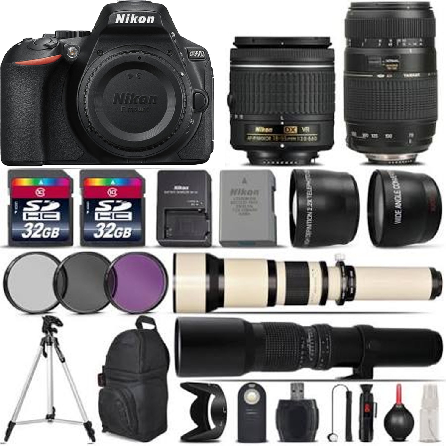 Nikon D5600 DSLR Camera + 18-55mm AF-P Lens + 70-300mm + 650-1300mm + 500mm Lens MEGA BUNDLE - US Version w/ Seller Warranty