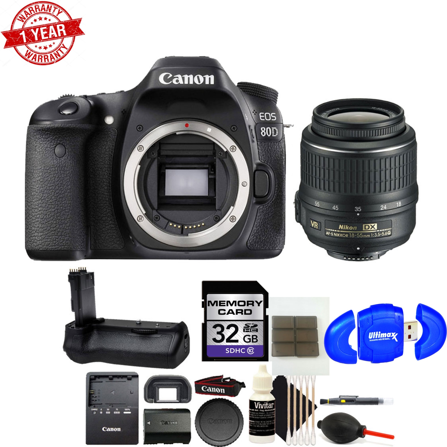 Canon EOS 80D 24.2MP Digital Camera with 18-55MM Lens | Battery Grip 32GB Accessory Kit - US Version w/ Seller Warranty