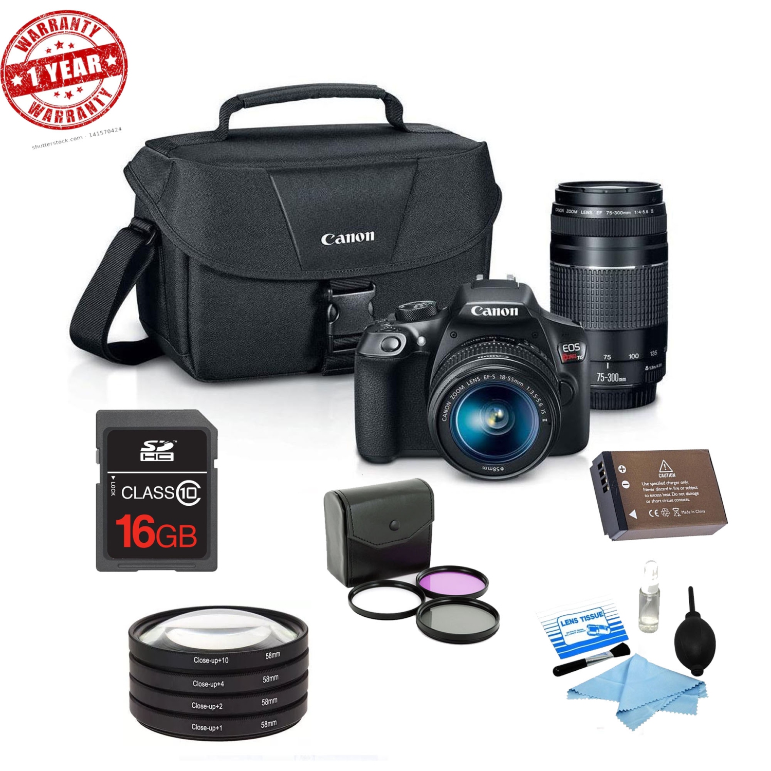 Canon EOS Rebel T6 DSLR with 18-55mm IS & 75-300mm III Lens | 16GB MC | Spare Battery Bundle - US Version w/ Seller Warranty