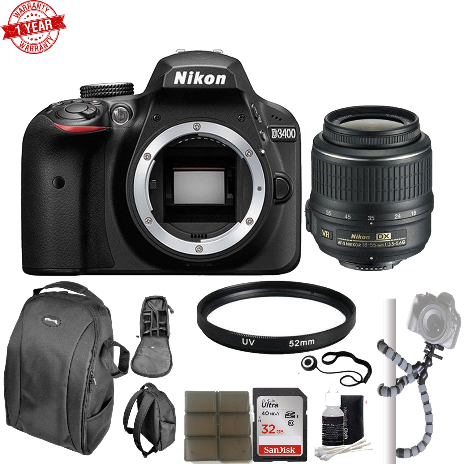Nikon D3400 24MP Digital SLR Camera |52mm UV Filter | Top Value Accessory Kit - US Version w/ Seller Warranty