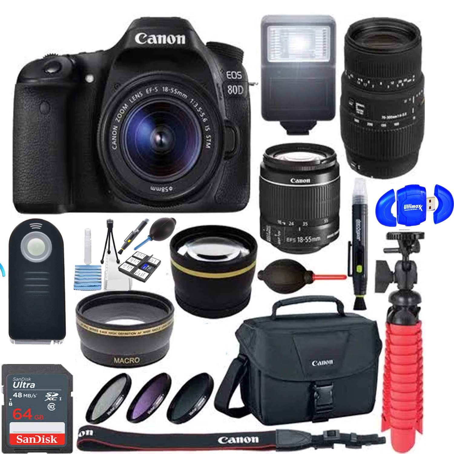 Canon EOS 80D CMOS DSLR Camera 18-55mm & 70-300mm Dual Lens Bundle & Accessory Kit - US Version w/ Seller Warranty