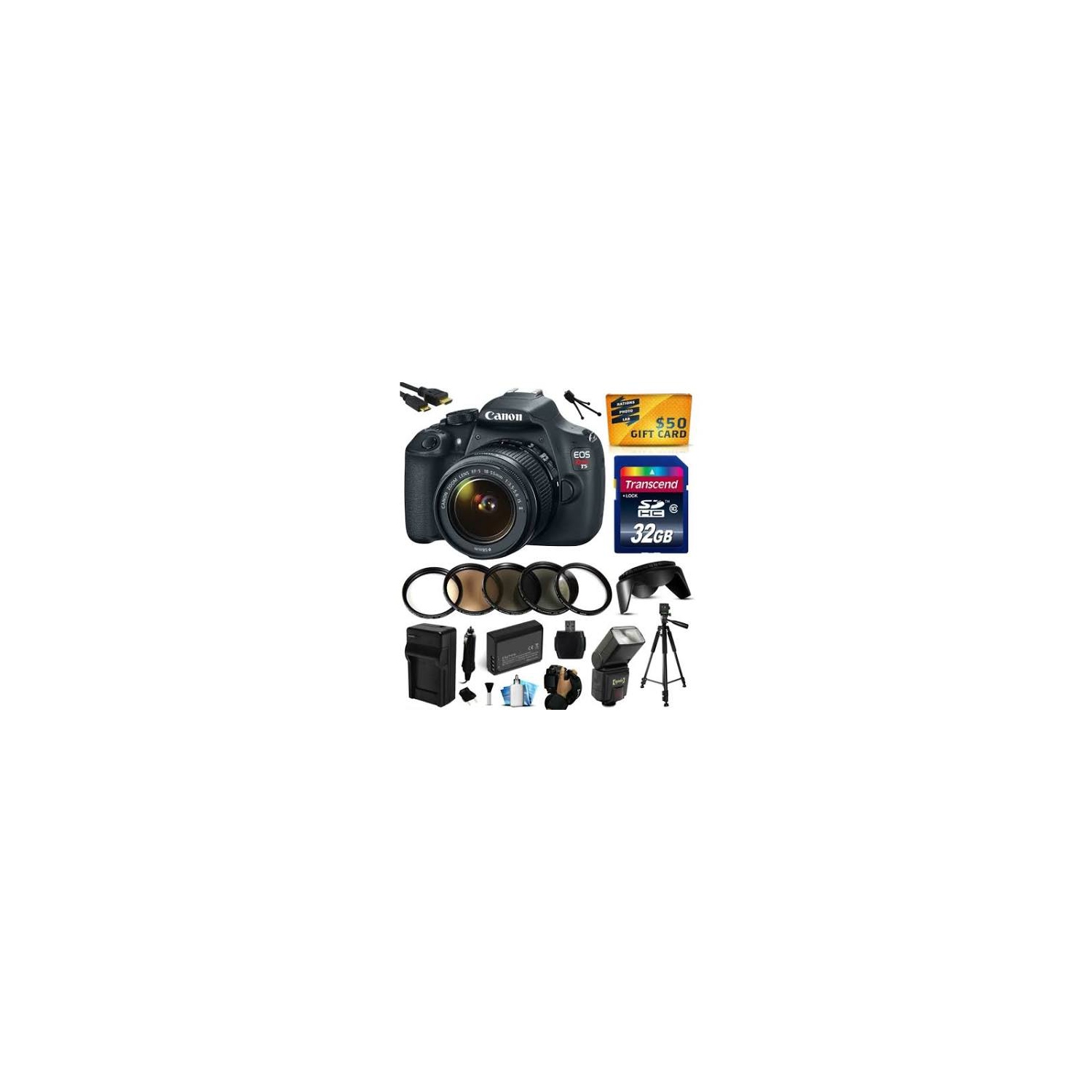 Canon EOS Rebel T5 EF-S 18-55mm IS II DSLR Kit with 32GB Memory, Flash,5 Piece Filters $50 Gift Card And More - US Version w/ Seller Warranty