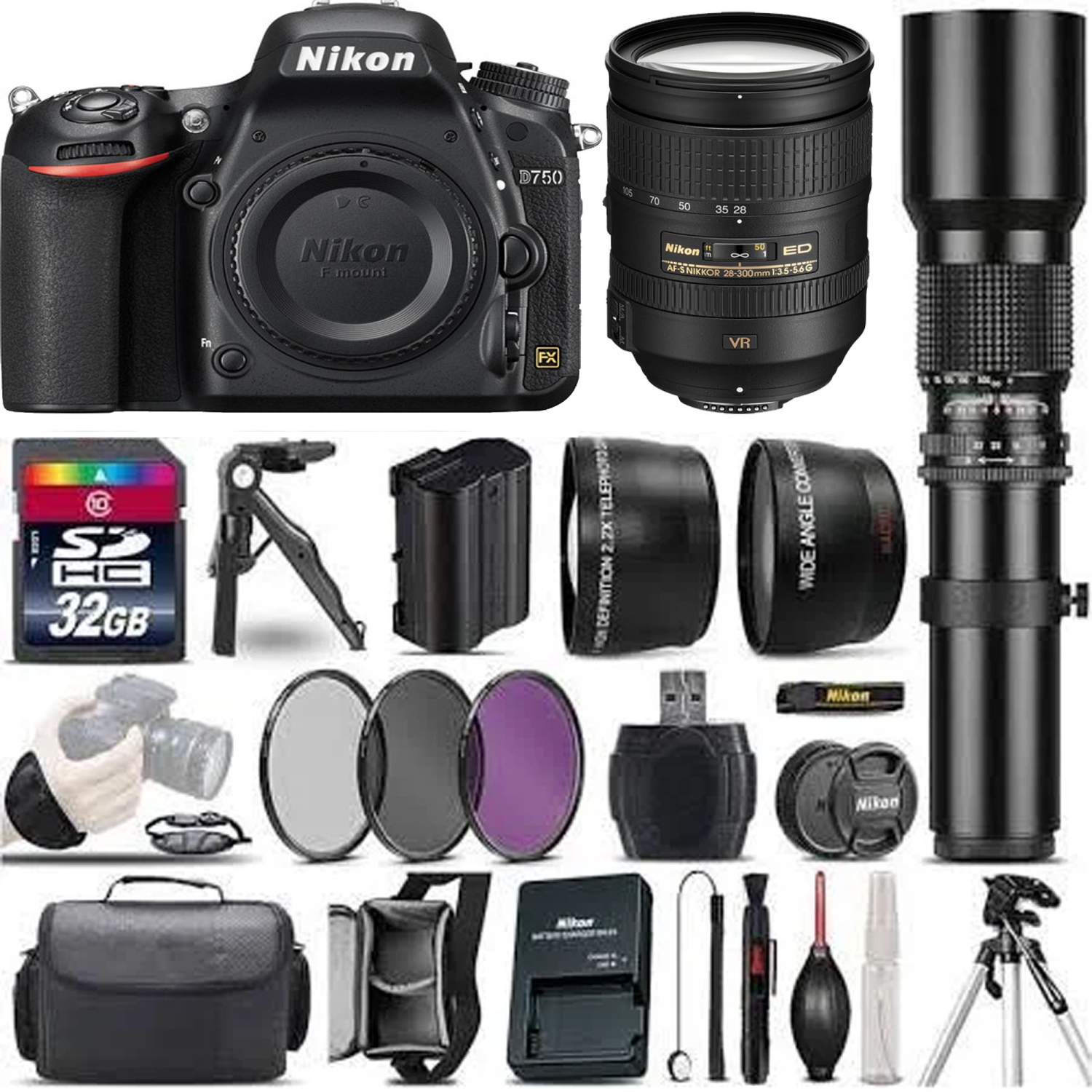 Nikon D750 DSLR Camera with Nikon 28-300mm Lens & 500mm Preset Lenses Supreme Bundle - US Version w/ Seller Warranty