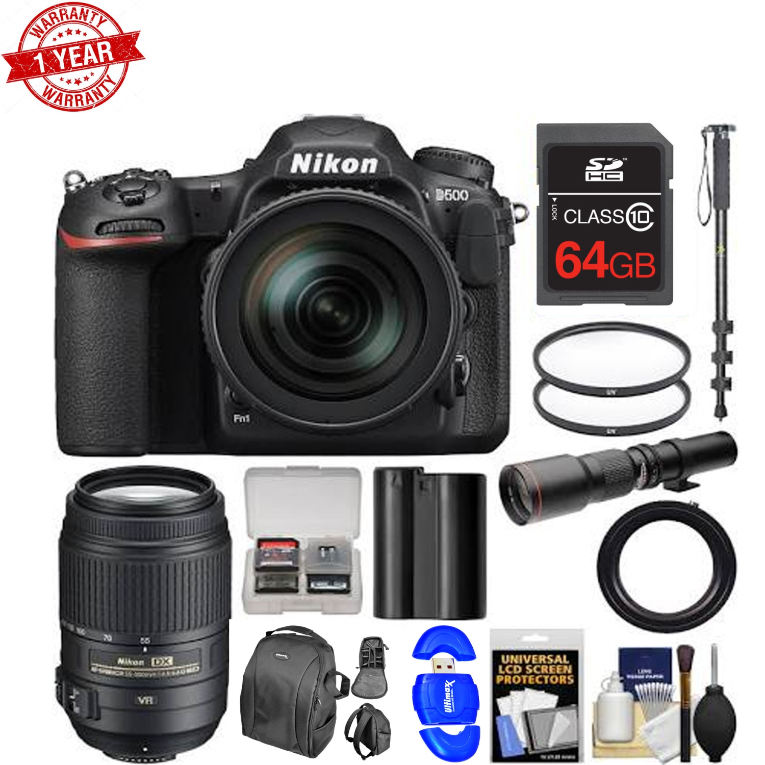 Nikon D500 Wi-Fi 4K Digital SLR Camera & 16-80mm VR Lens with 55-300mm VR & 500mm Lenses BUNDLE - US Version w/ Seller Warranty