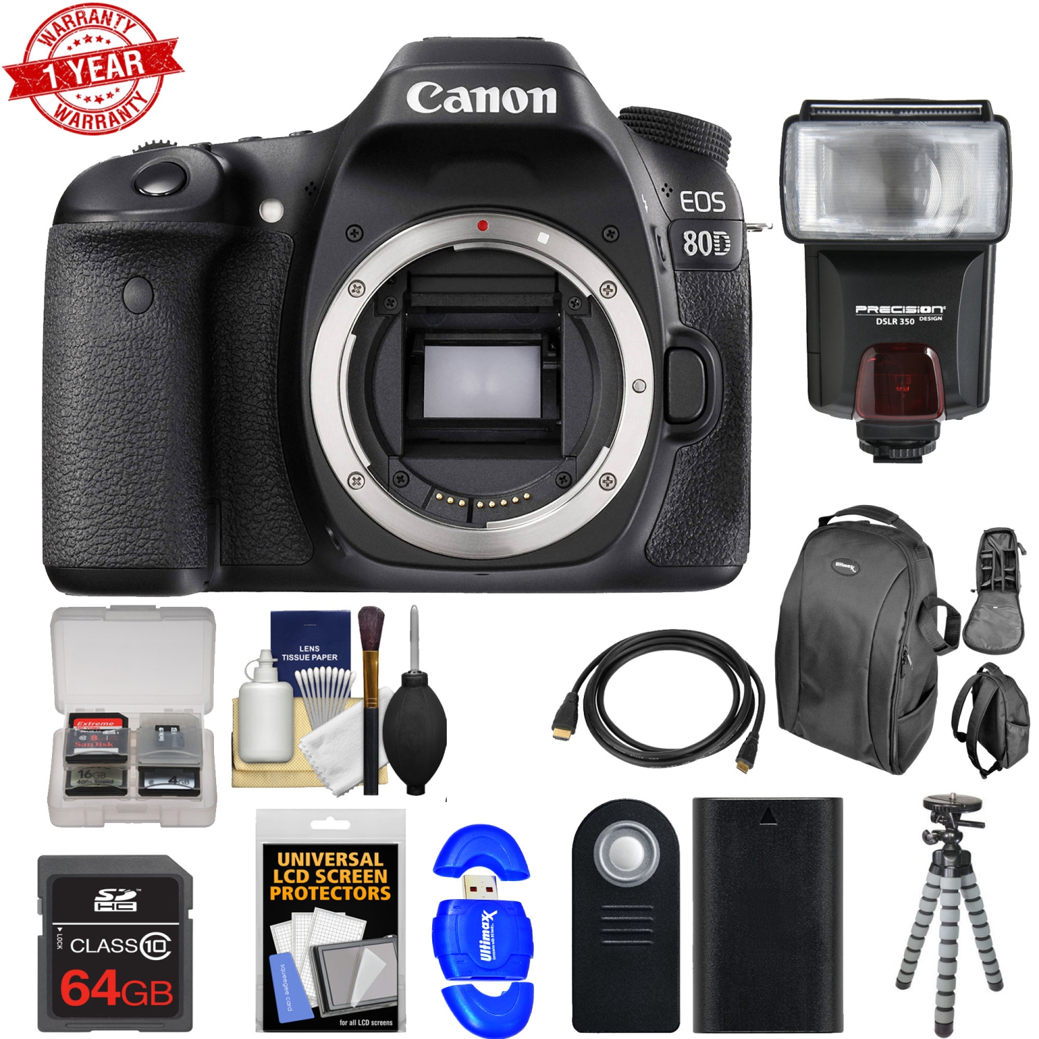 Canon EOS 80D Wi-Fi Digital SLR Camera Body with 64GB Card + Battery + Backpack + Flash + Flex Tripod +Deluxe Bundle - US Version w/ Seller Warranty