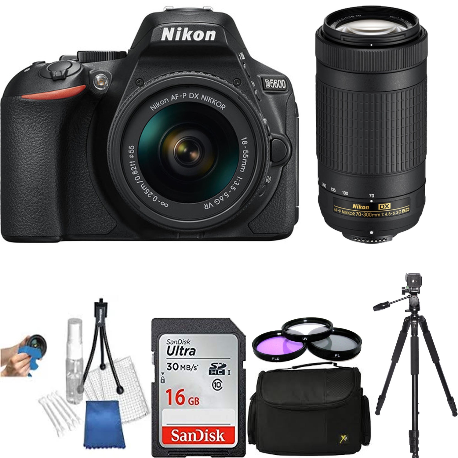 Nikon D5600 DSLR w/18-55mm f/3.5-5.6G VR & 70-300mm /4.5-5.6 Black 