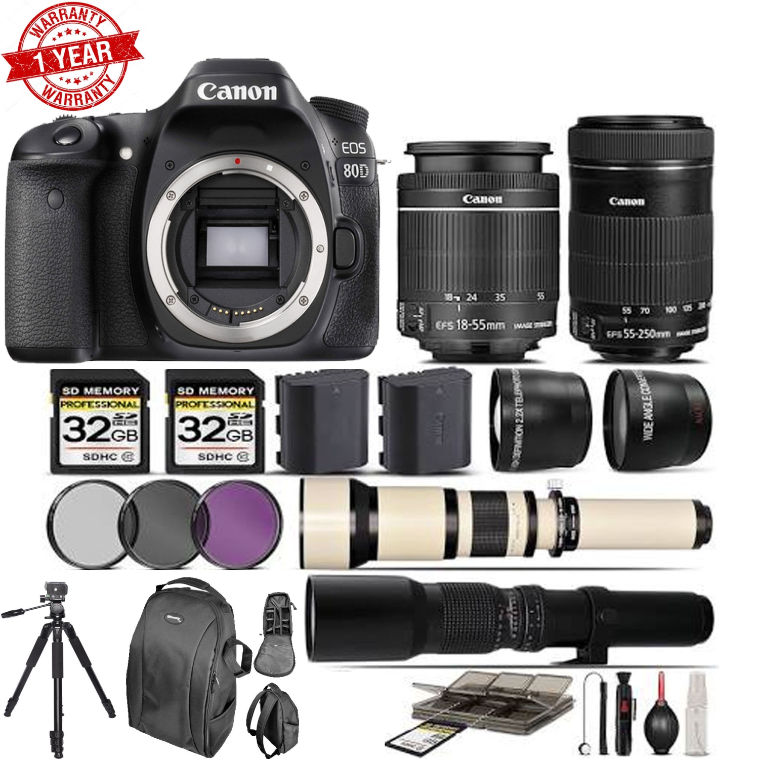 Canon EOS 80D Digital SLR WiFi Camera with 18-55mm & 55-250mm IS STM Lens -64GB Kit - US Version w/ Seller Warranty