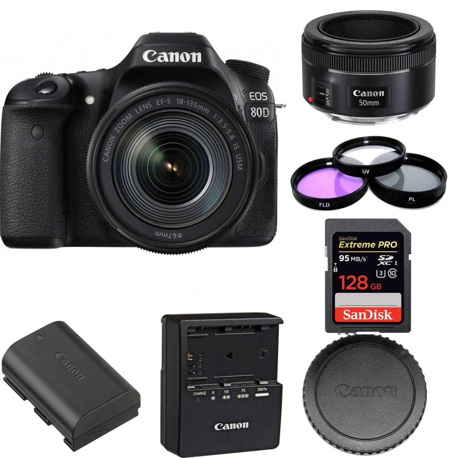 Canon EOS 80D DSLR Camera with 18-135mm Lens | Canon EF 50mm f/1.8 STM Lens | SanDisk 128GB Bundle - US Version w/ Seller Warranty