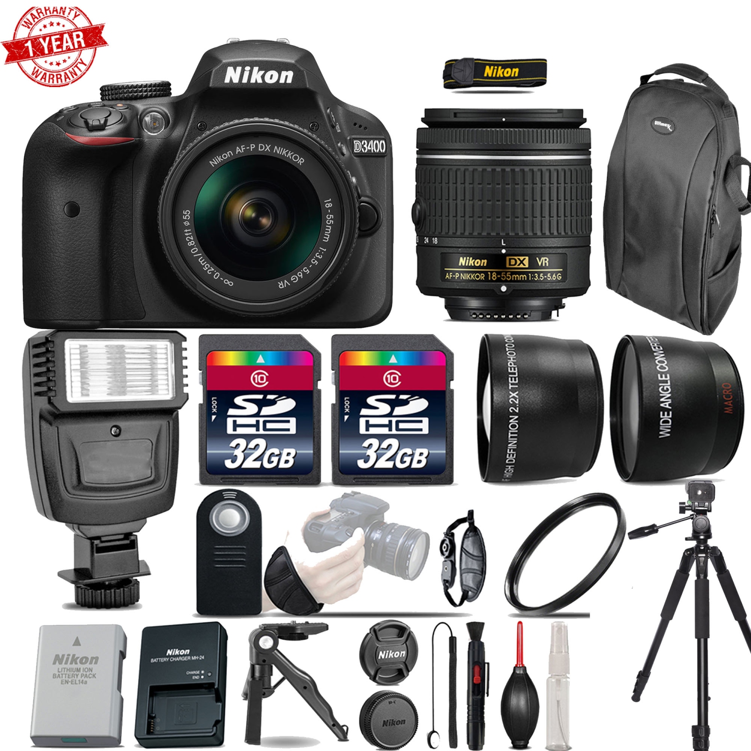 Nikon D3400 DSLR Camera with18-55mm VR - 3 Lenses Kit | Flash | 1yr Warranty |64GB - US Version w/ Seller Warranty