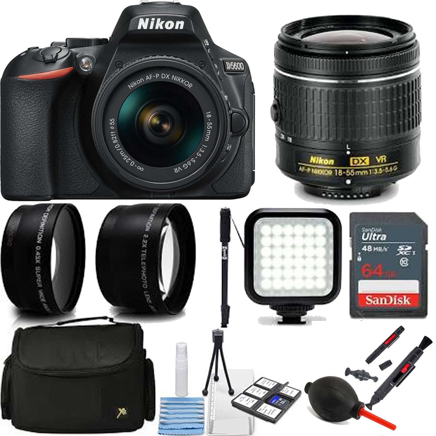 Nikon D5600 DSLR Camera with 18-55mm Lens w/ 64GB MC + Additional Accessories Bundle - US Version w/ Seller Warranty