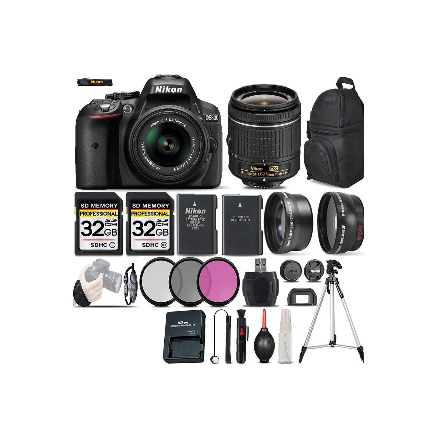 Nikon D5300 DSLR 24.2MP Camera Black w/ AF-P 18-55mm VR | 3 Lenses Essential Kit - US Version w/ Seller Warranty