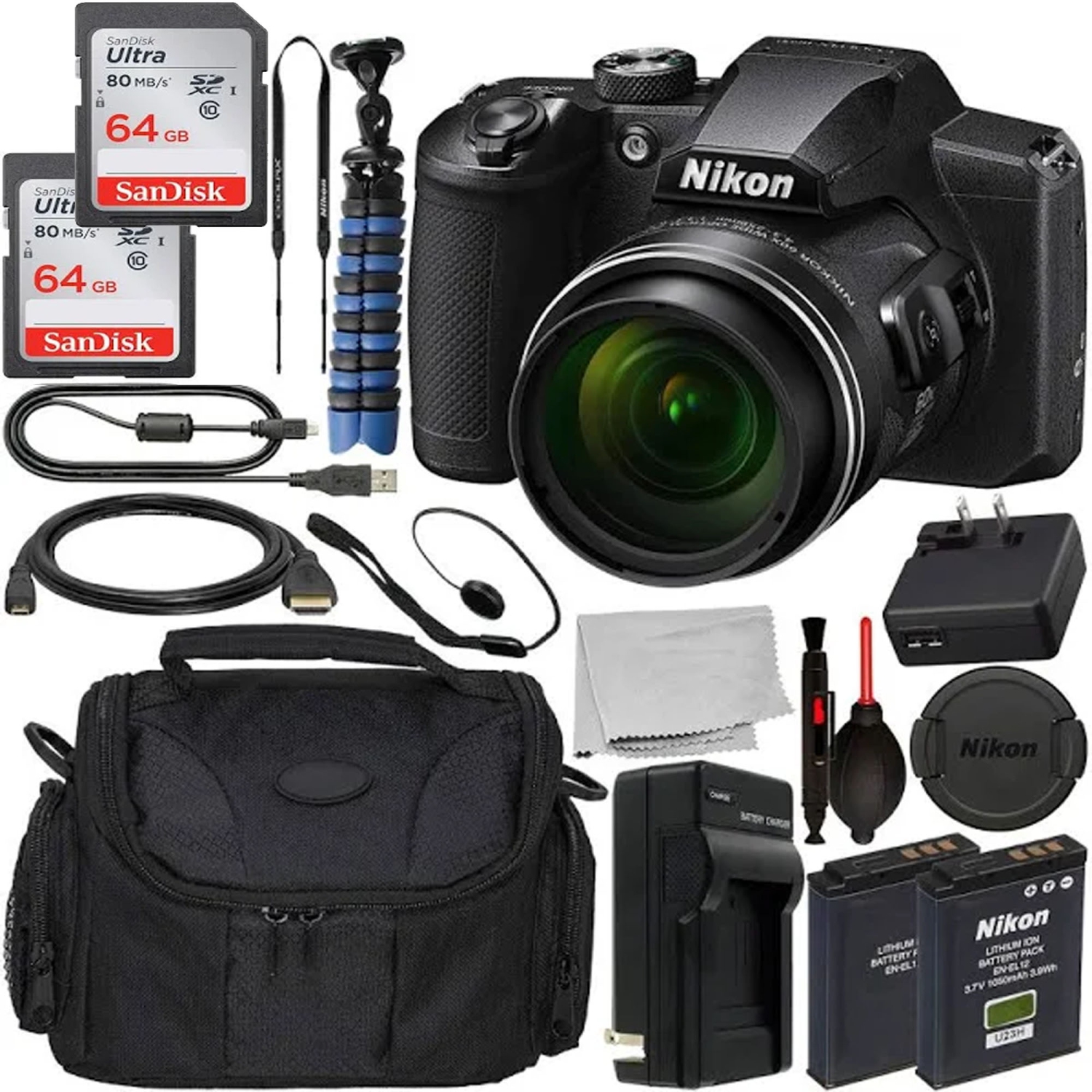 Nikon COOLPIX B600 Digital Camera (Black) with 2X 64GB Memory Cards Essential Bundle - US Version w/ Seller Warranty