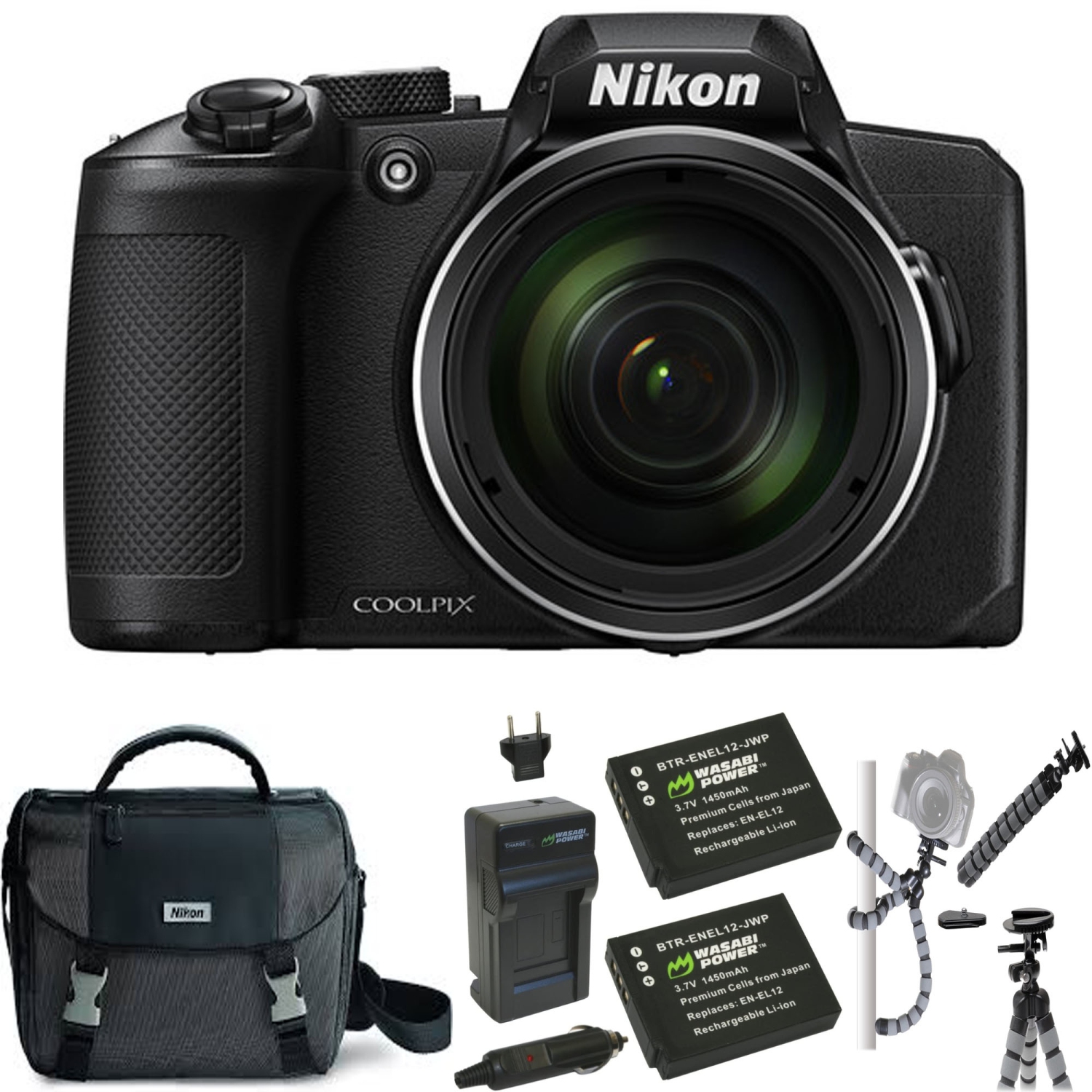 Nikon COOLPIX B600 Digital Camera (Black) with Nikon Case | 2x Spare Batteries & AC/DC Charger | Spider Tripod - US Version w/ Seller Warranty